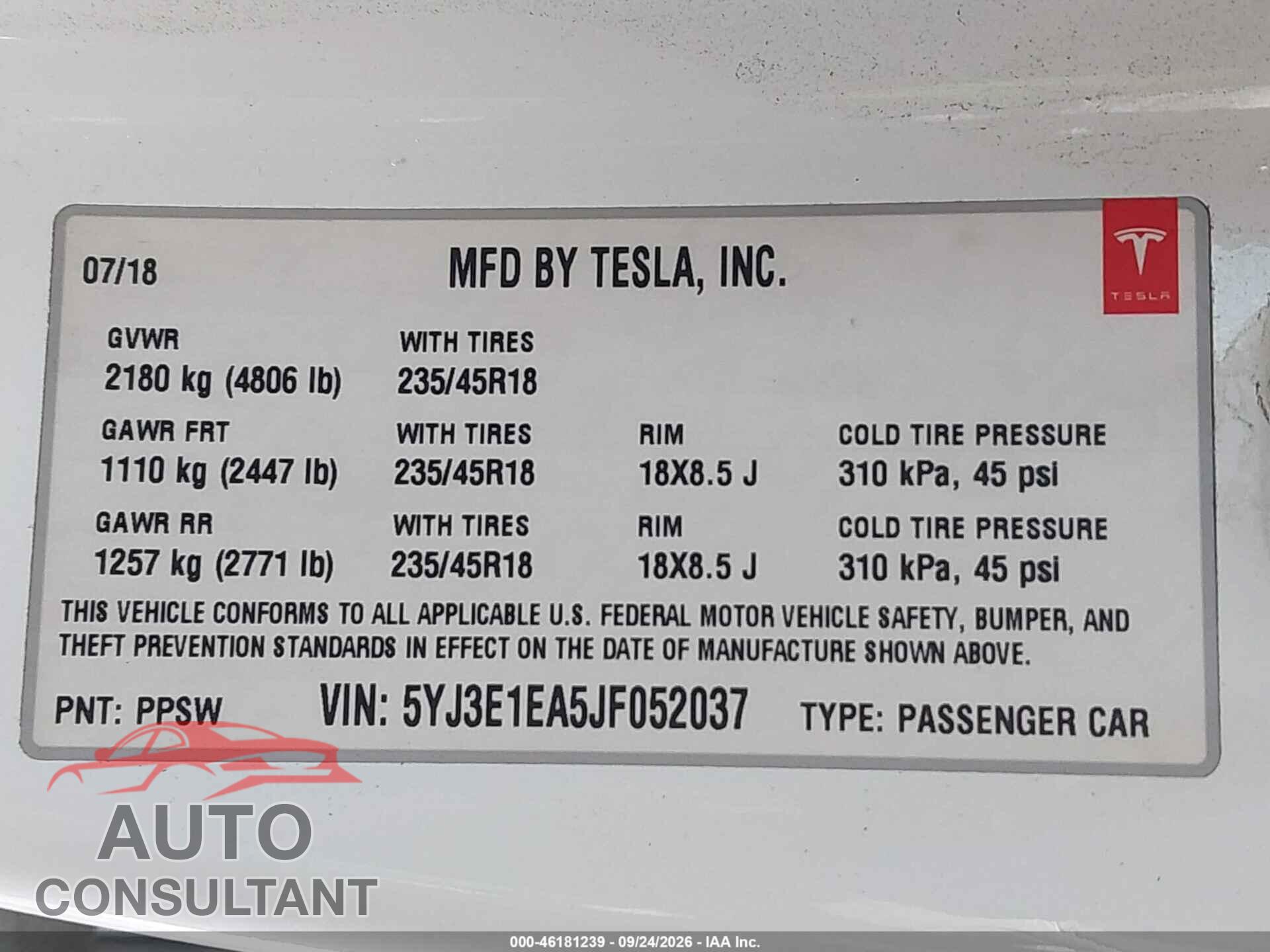 TESLA MODEL 3 2018 - 5YJ3E1EA5JF052037