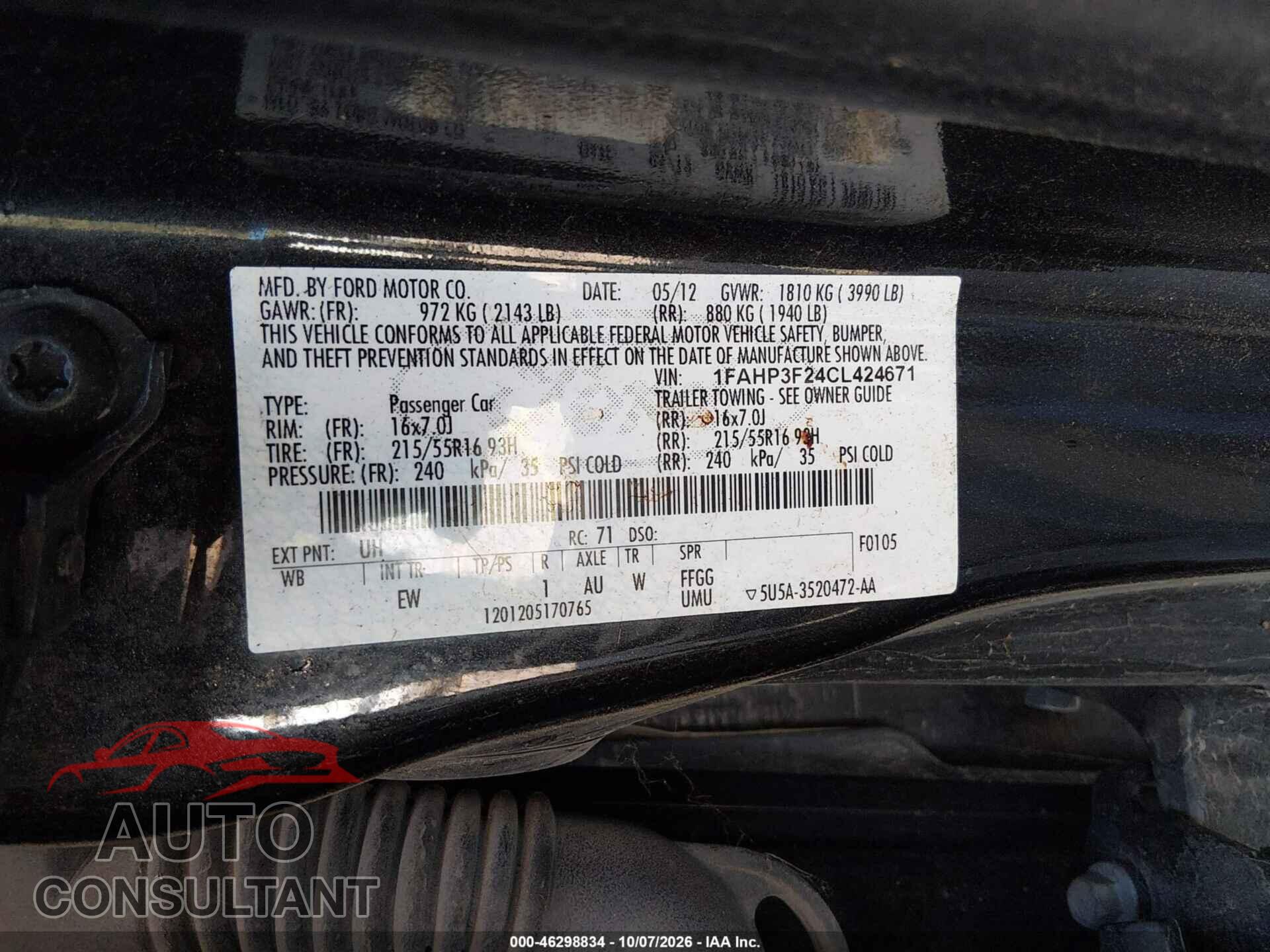 FORD FOCUS 2012 - 1FAHP3F24CL424671