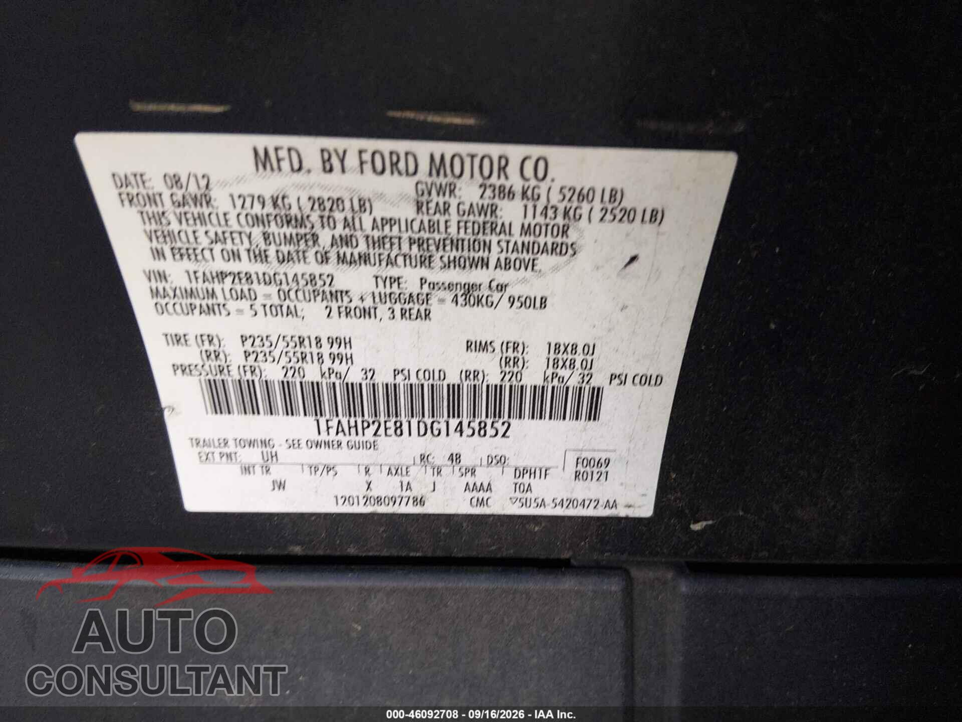 FORD TAURUS 2013 - 1FAHP2E81DG145852