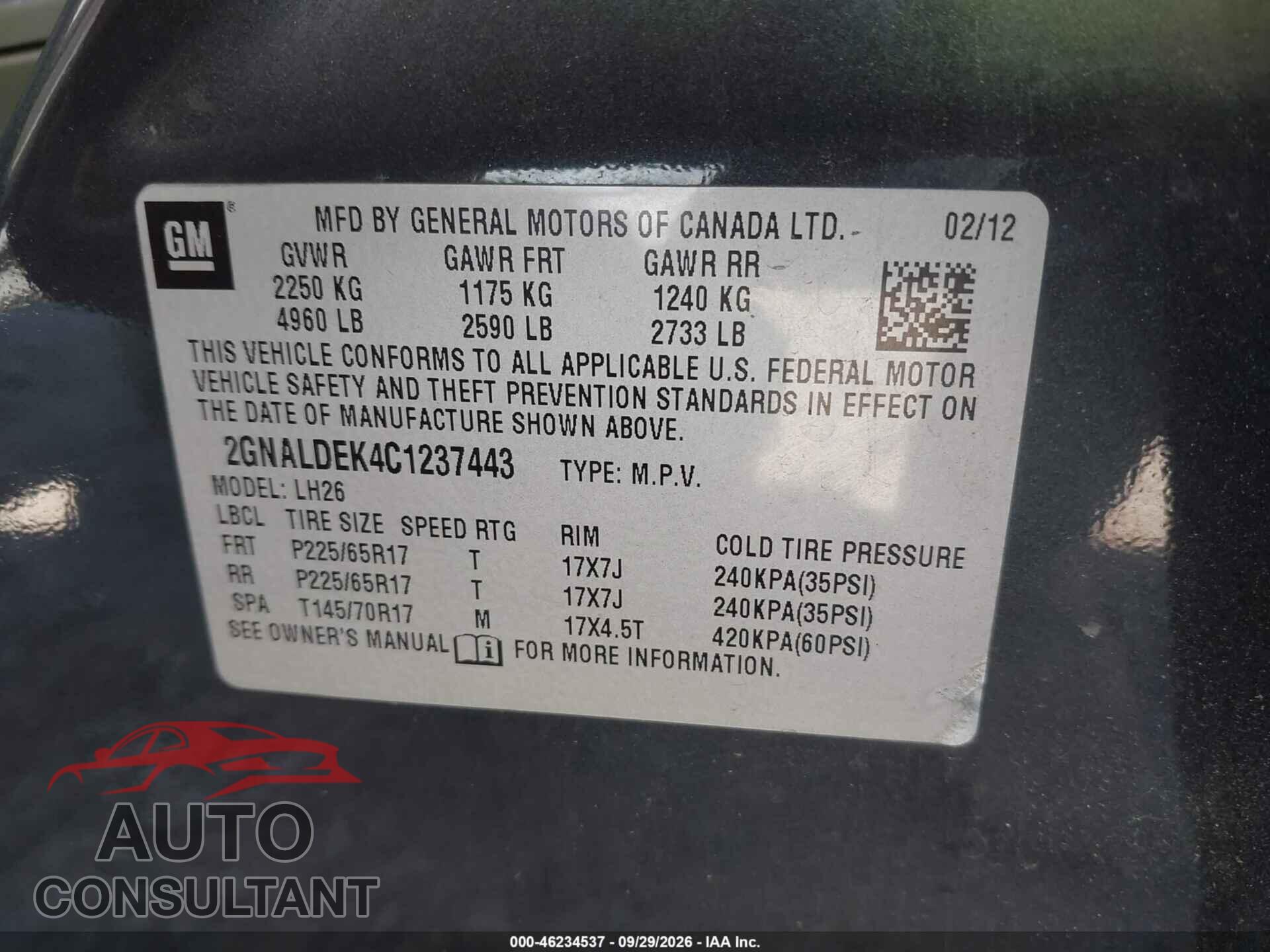 CHEVROLET EQUINOX 2012 - 2GNALDEK4C1237443