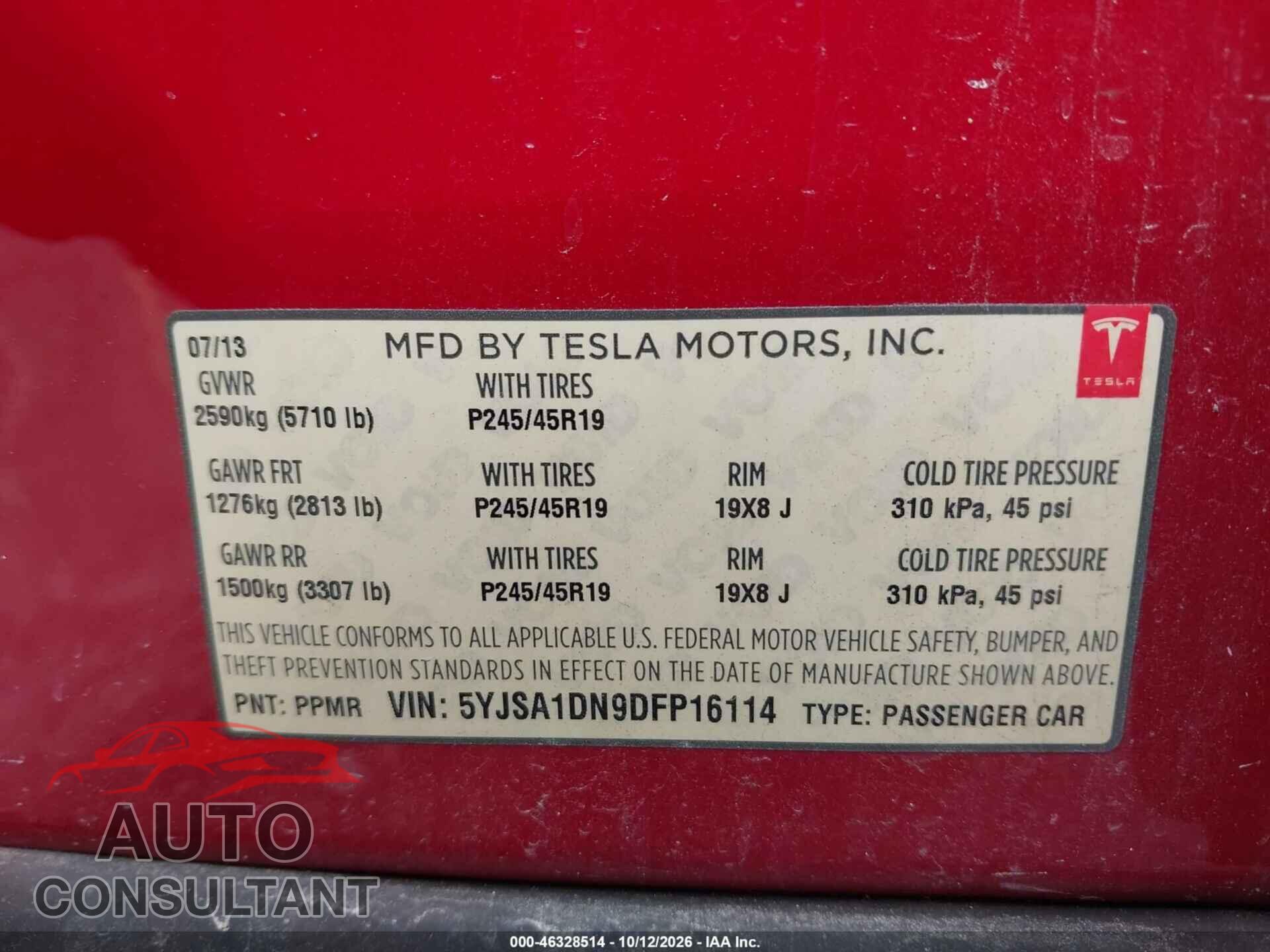 TESLA MODEL S 2013 - 5YJSA1DN9DFP16114