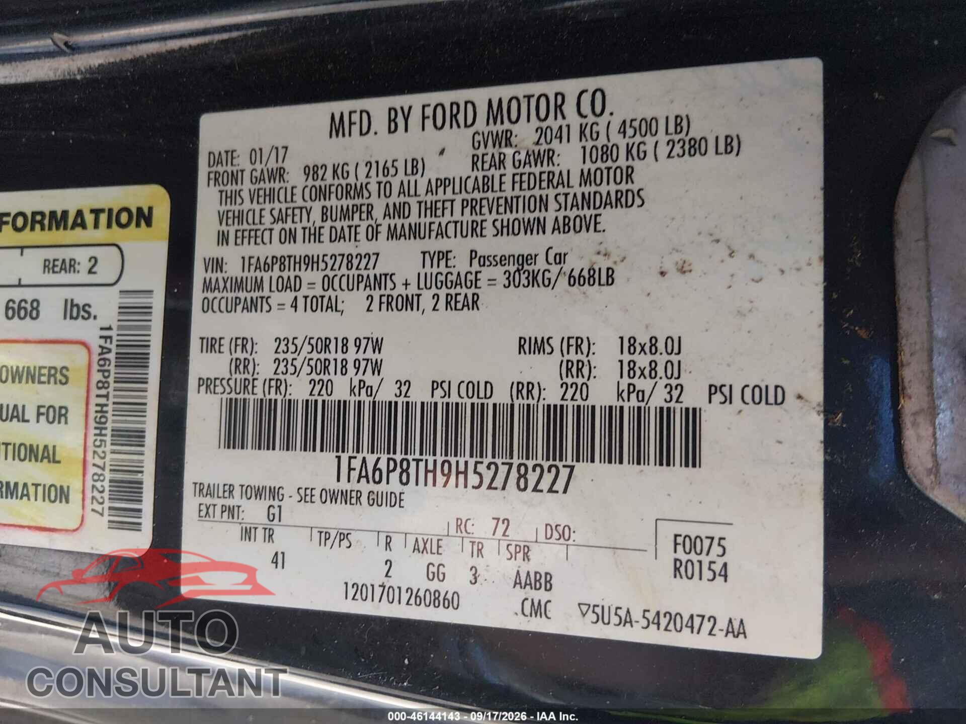 FORD MUSTANG 2017 - 1FA6P8TH9H5278227