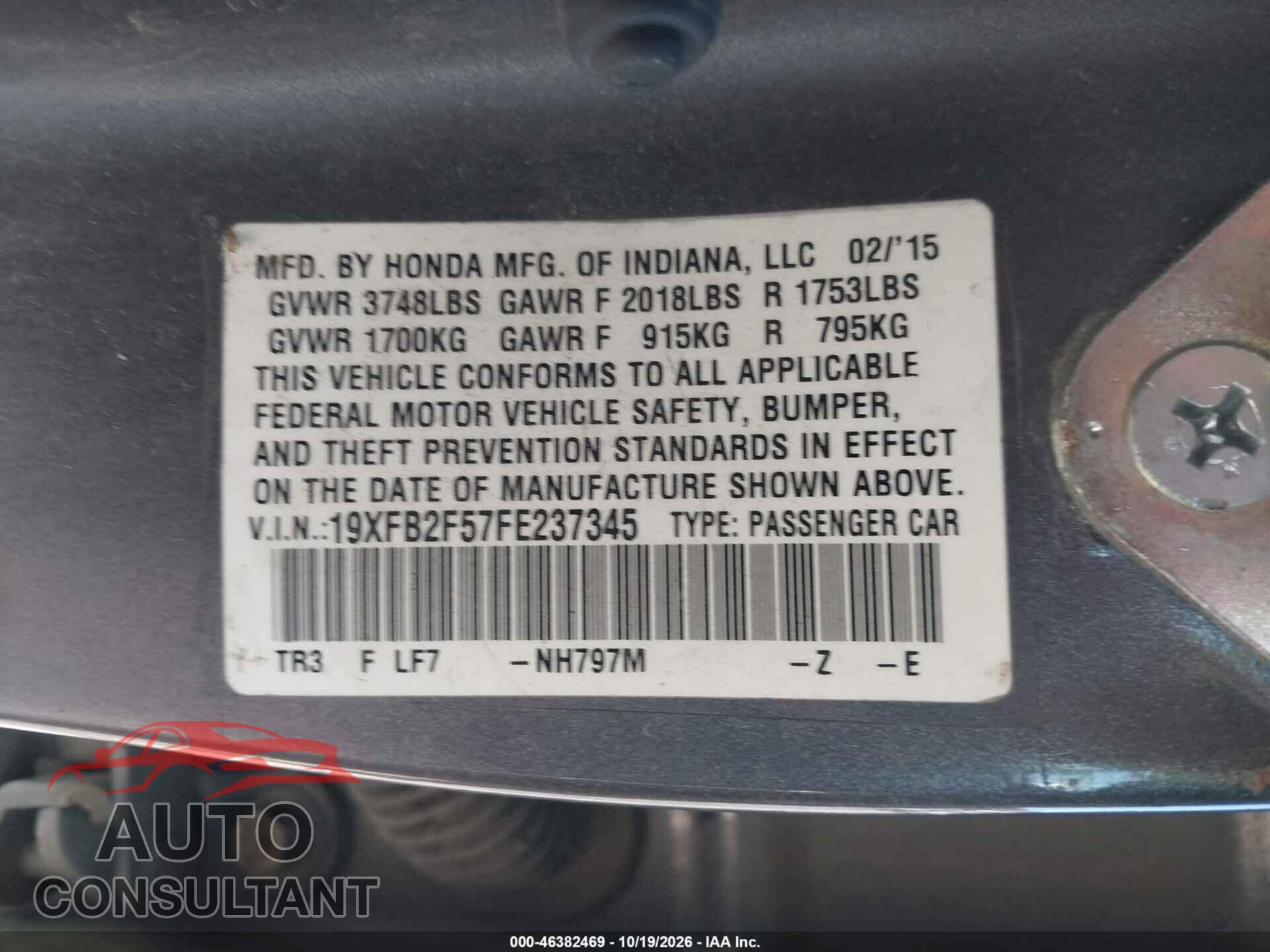 HONDA CIVIC 2015 - 19XFB2F57FE237345