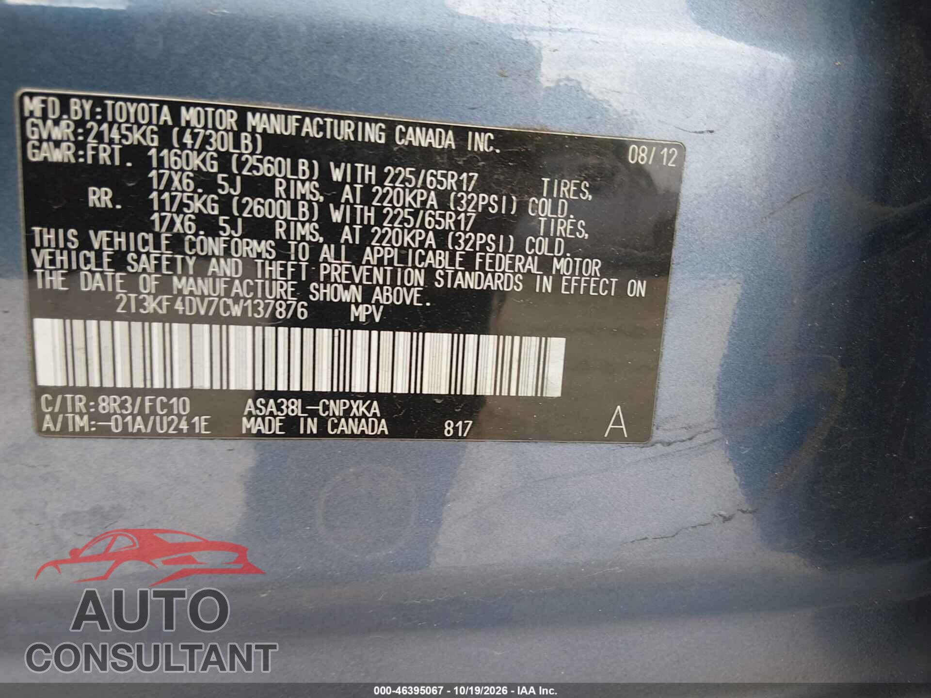 TOYOTA RAV4 2012 - 2T3KF4DV7CW137876
