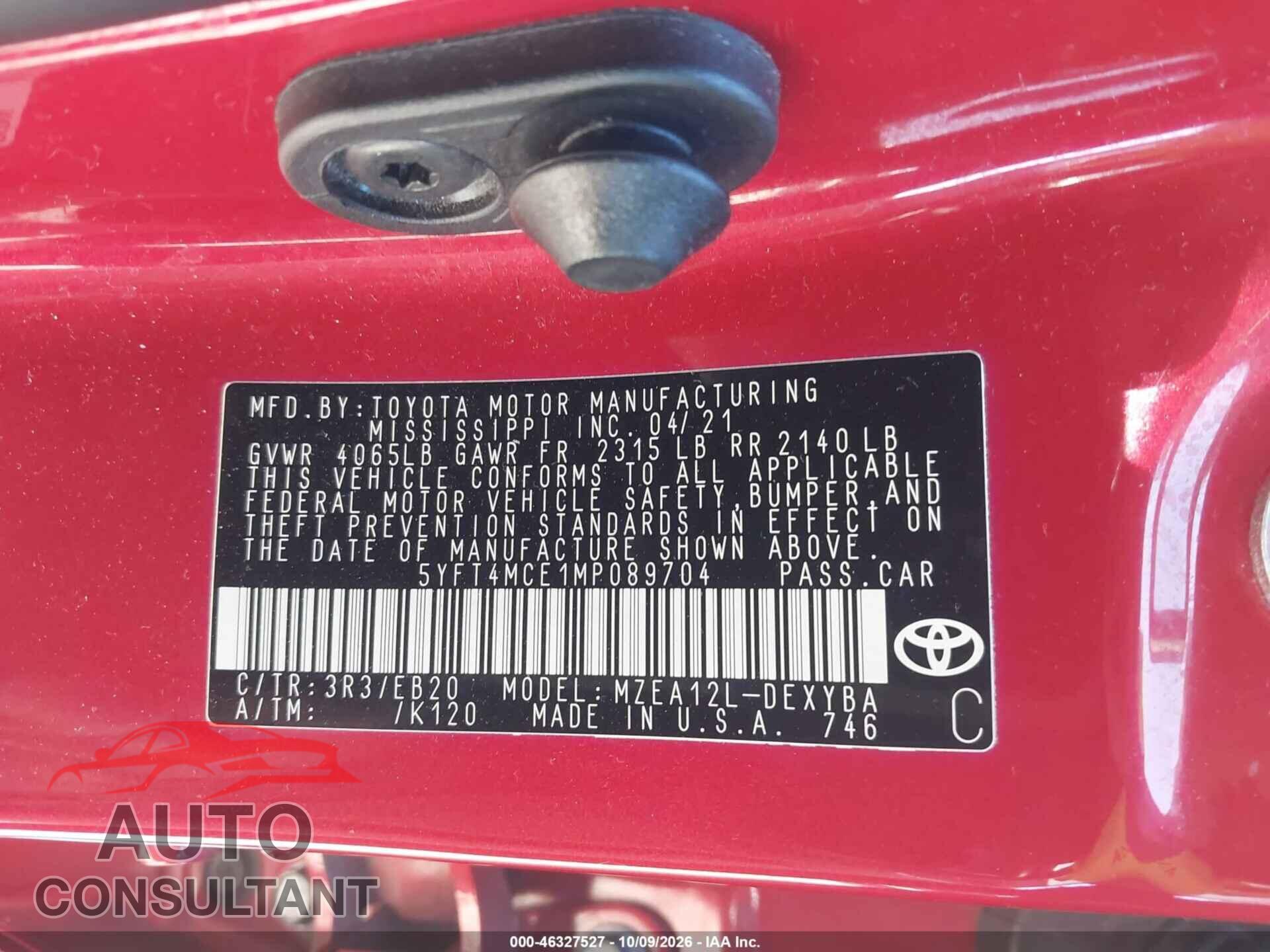 TOYOTA COROLLA 2021 - 5YFT4MCE1MP089704