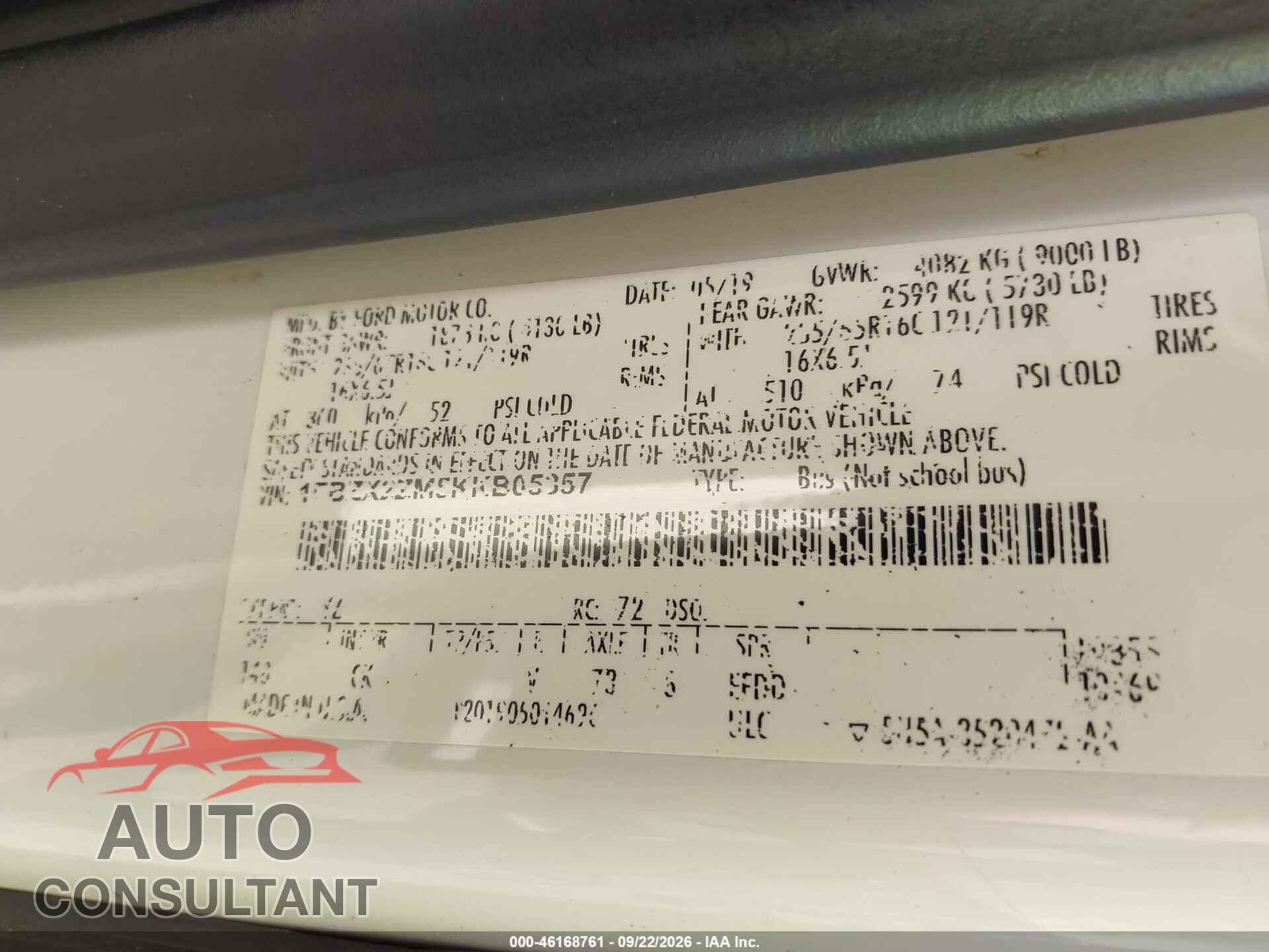 FORD TRANSIT-350 2019 - 1FBZX2ZM5KKB05357