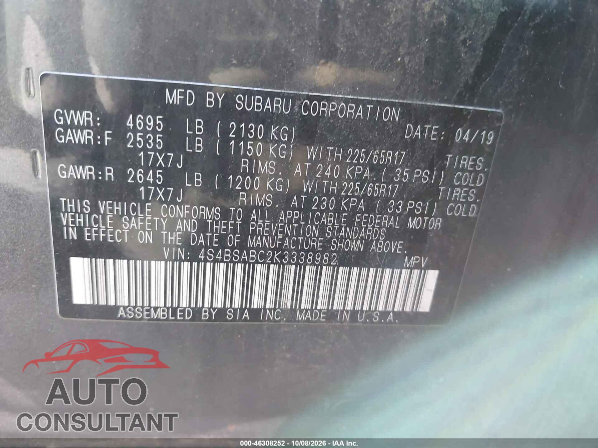 SUBARU OUTBACK 2019 - 4S4BSABC2K3338982