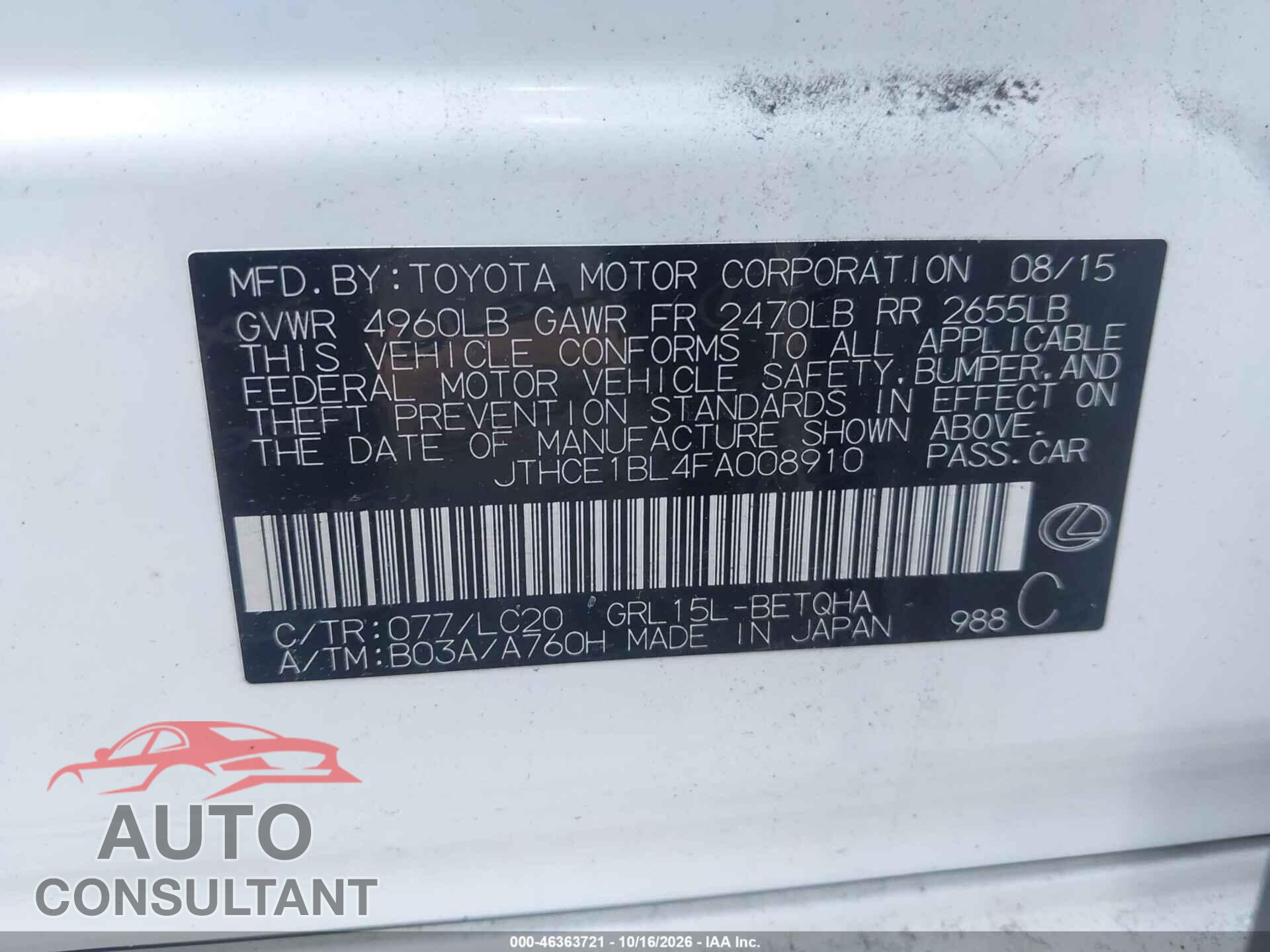 LEXUS GS 350 2015 - JTHCE1BL4FA008910