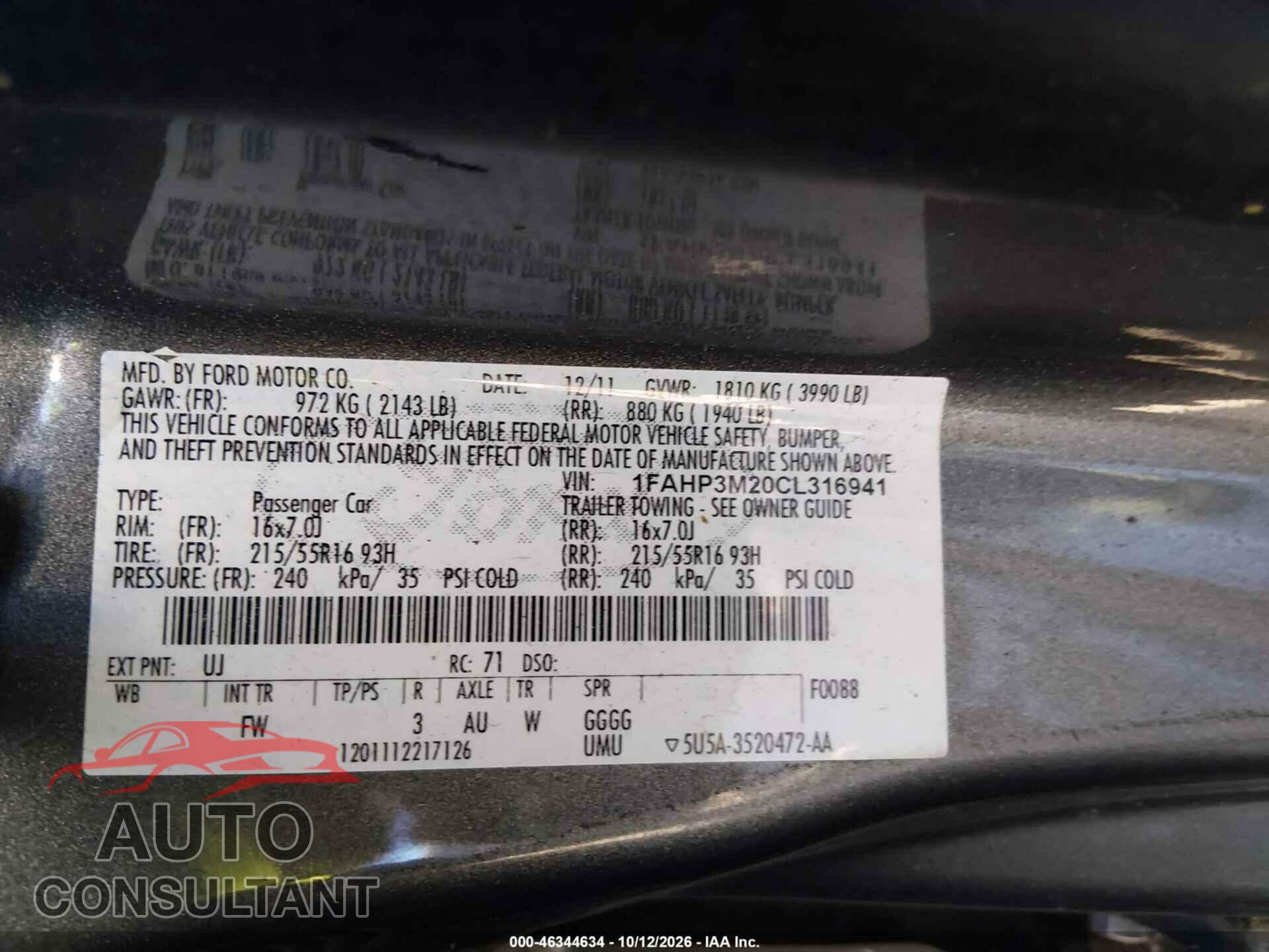 FORD FOCUS 2012 - 1FAHP3M20CL316941