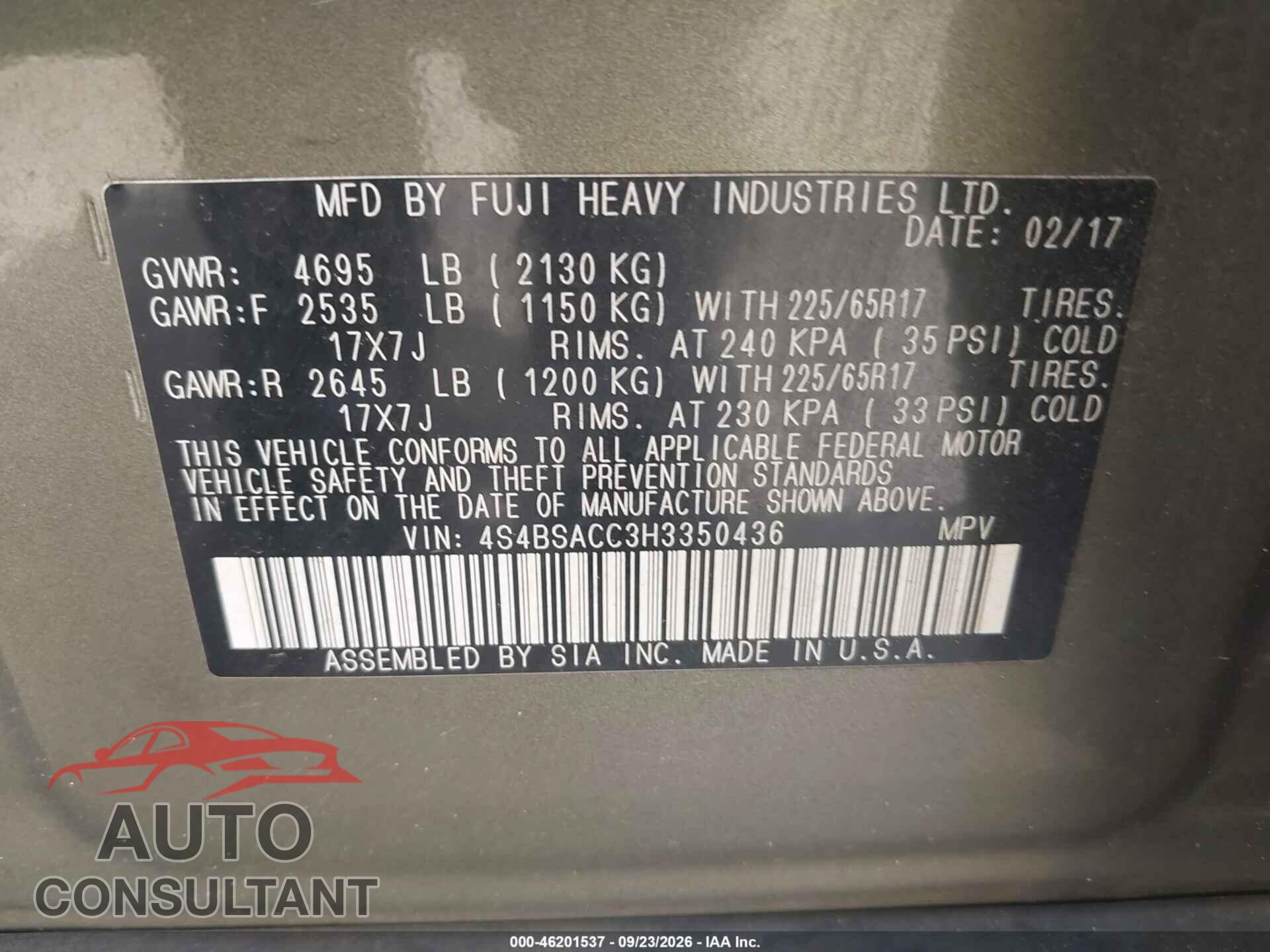 SUBARU OUTBACK 2017 - 4S4BSACC3H3350436