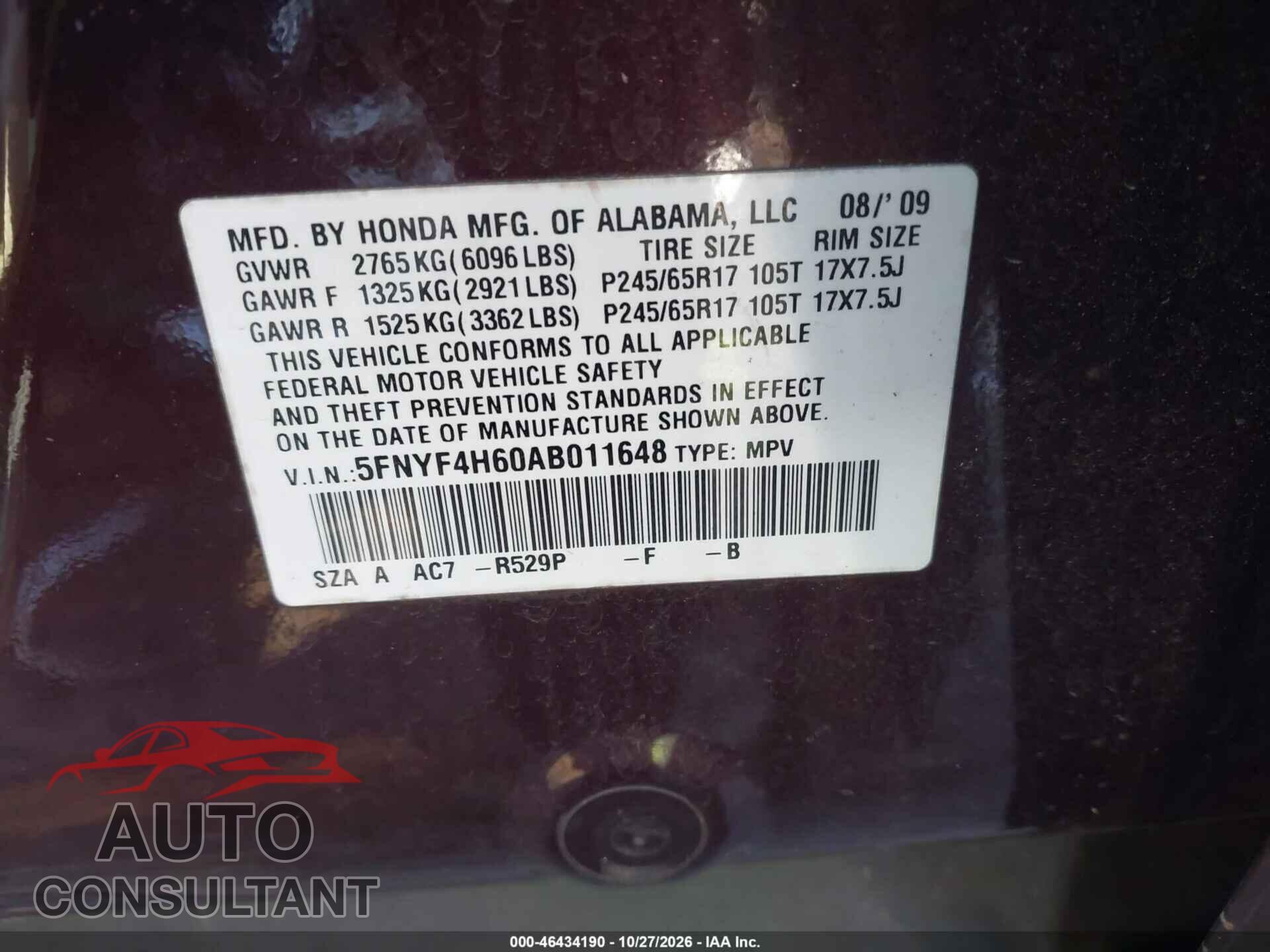 HONDA PILOT 2010 - 5FNYF4H60AB011648