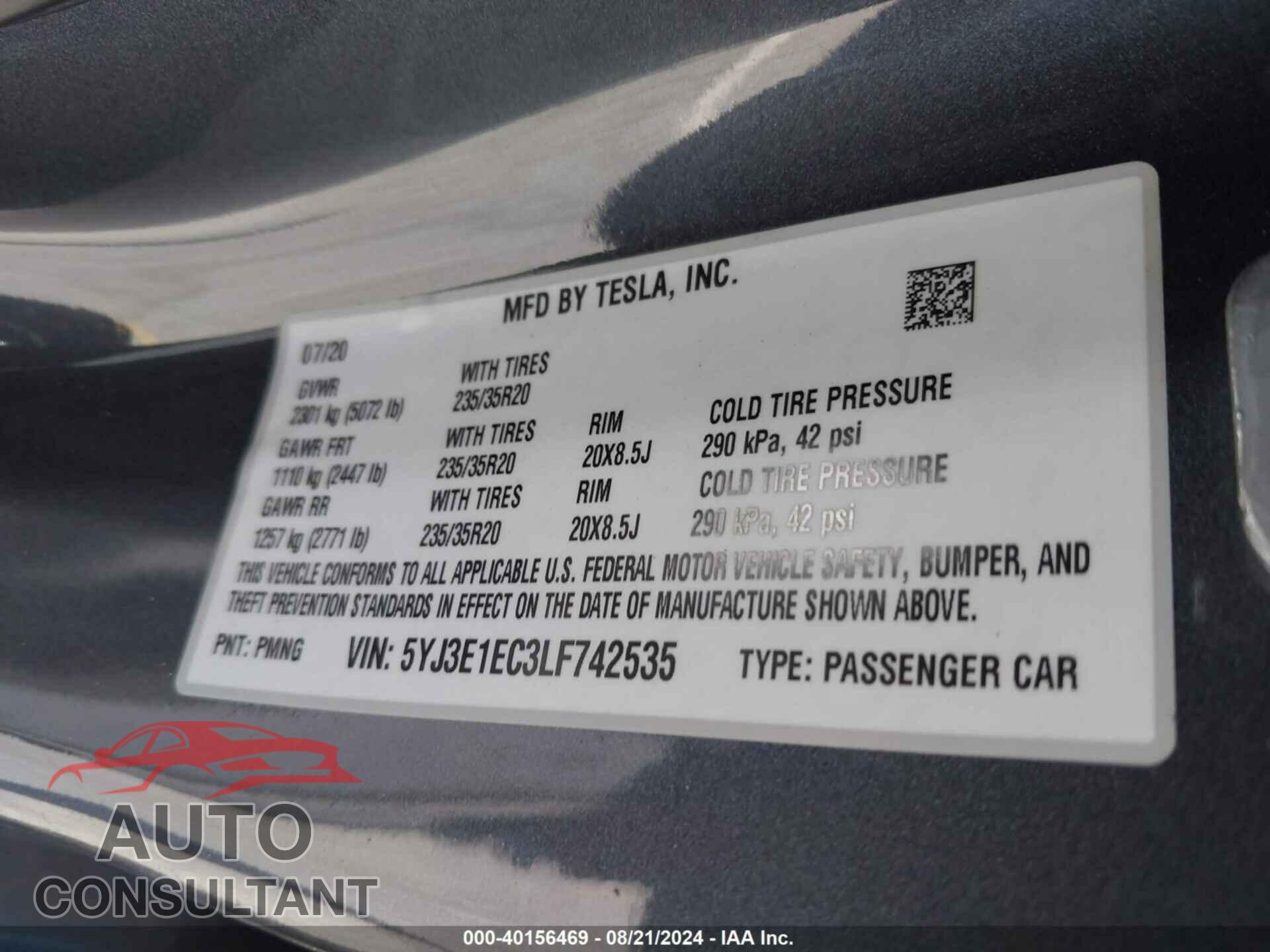 TESLA MODEL 3 2020 - 5YJ3E1EC3LF742535