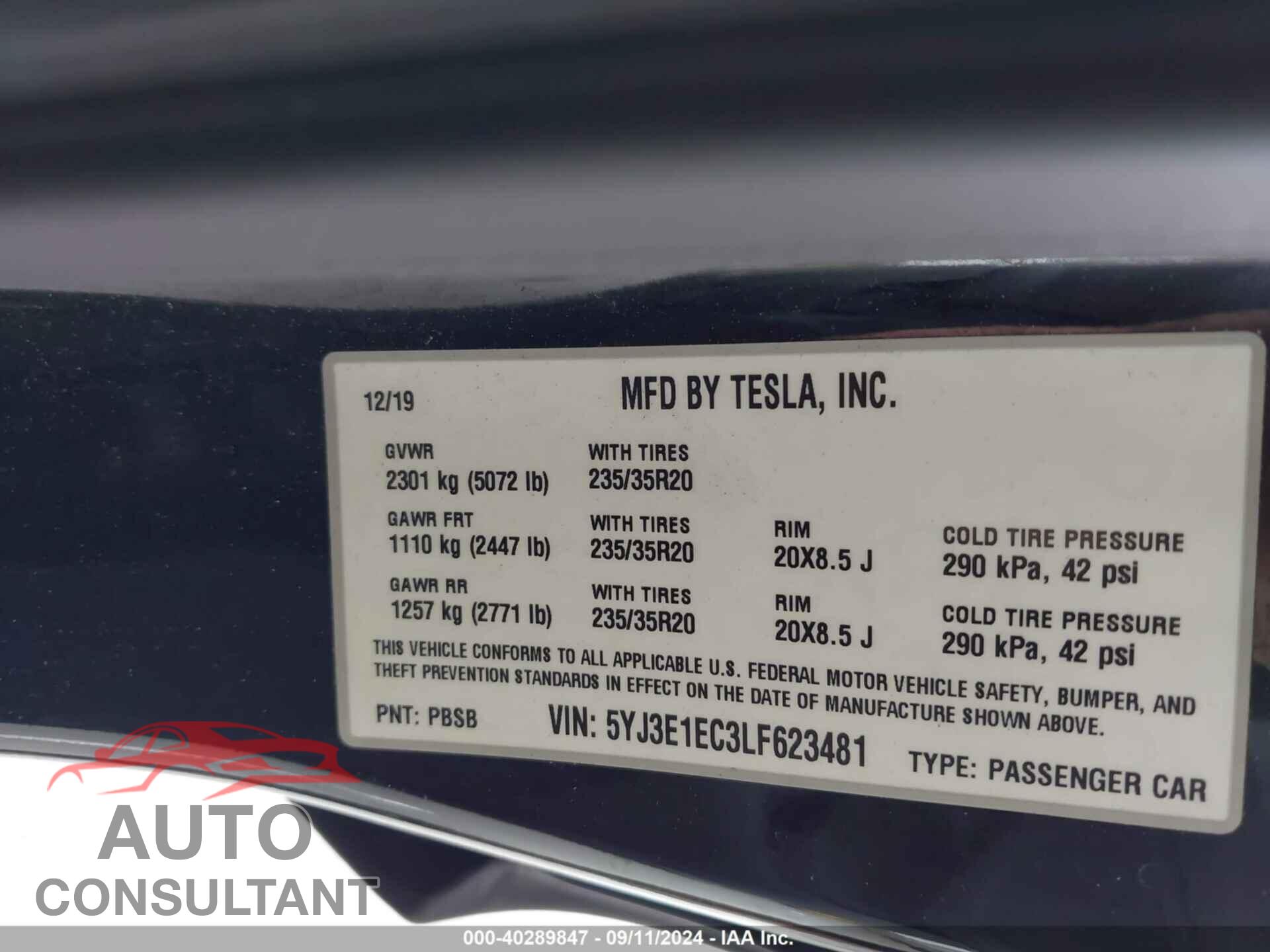 TESLA MODEL 3 2020 - 5YJ3E1EC3LF623481