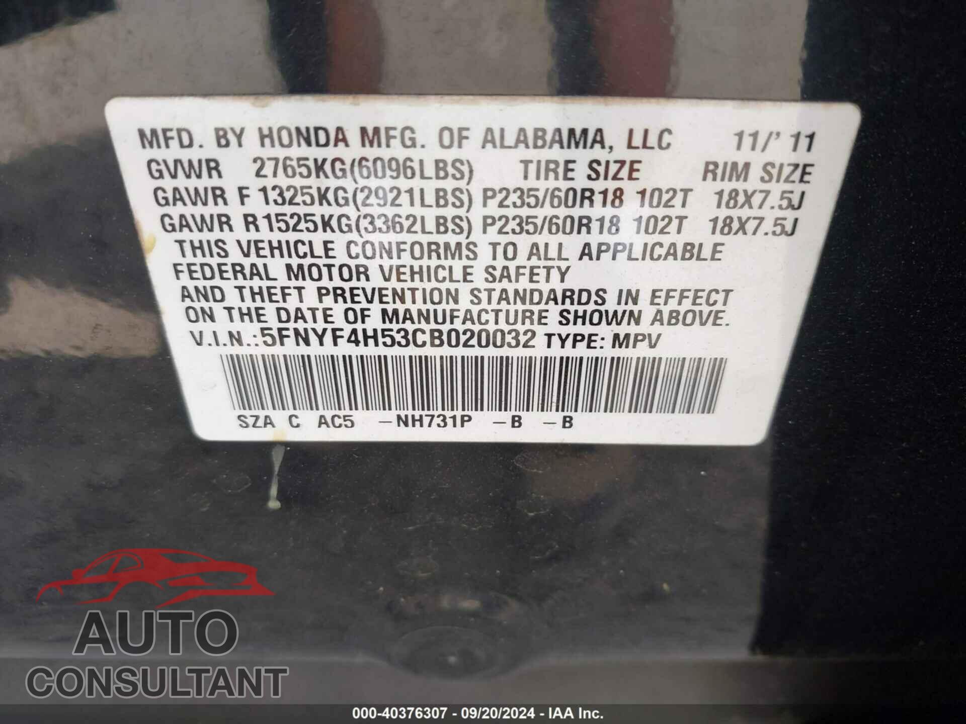 HONDA PILOT 2012 - 5FNYF4H53CB020032