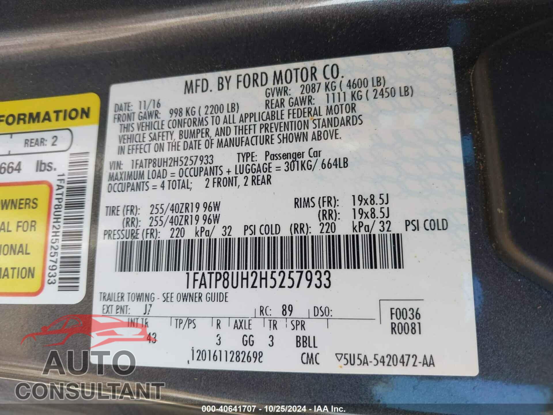 FORD MUSTANG 2017 - 1FATP8UH2H5257933