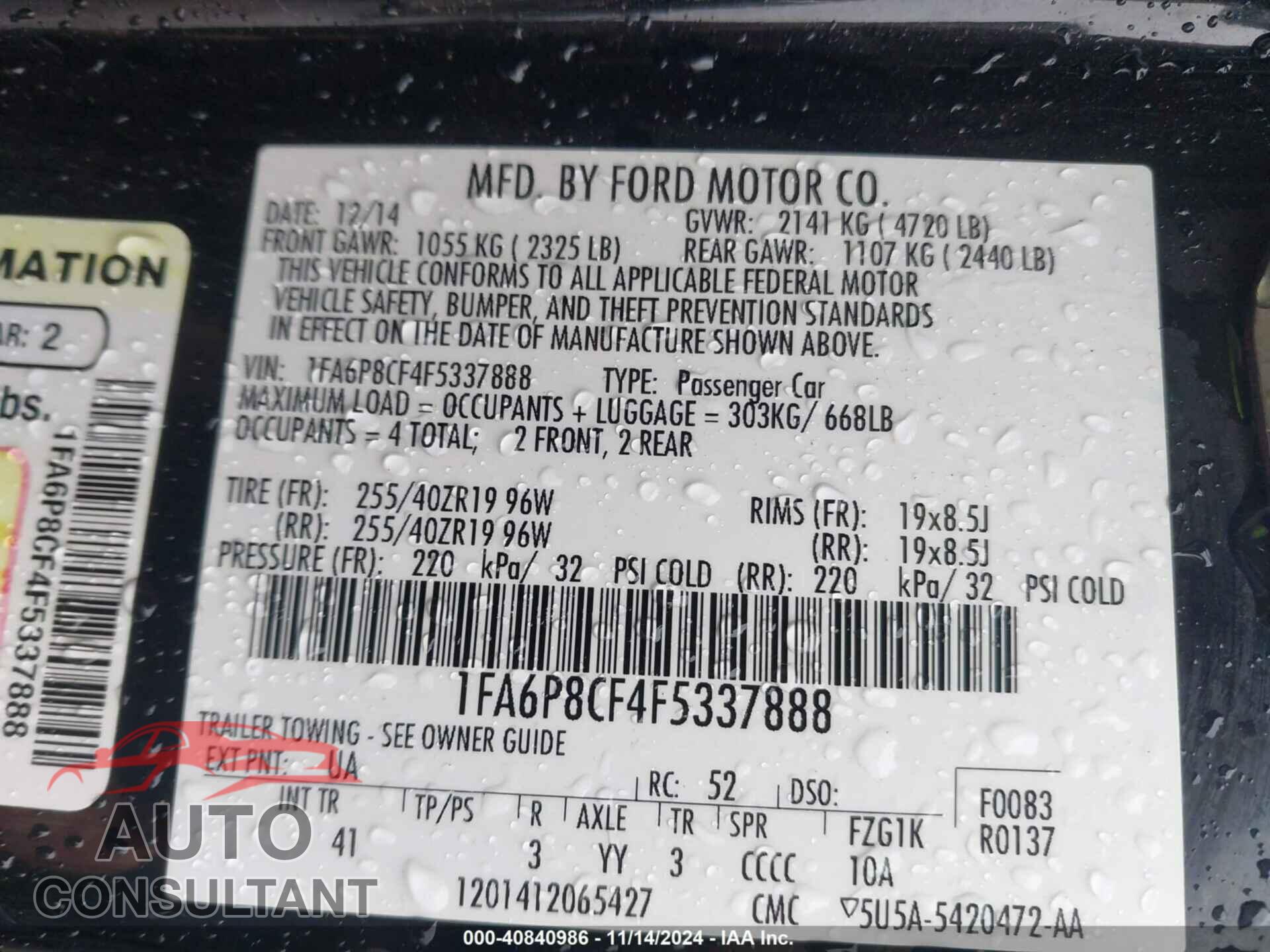 FORD MUSTANG 2015 - 1FA6P8CF4F5337888