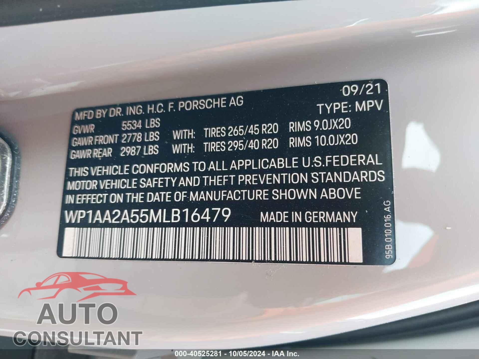 PORSCHE MACAN 2021 - WP1AA2A55MLB16479