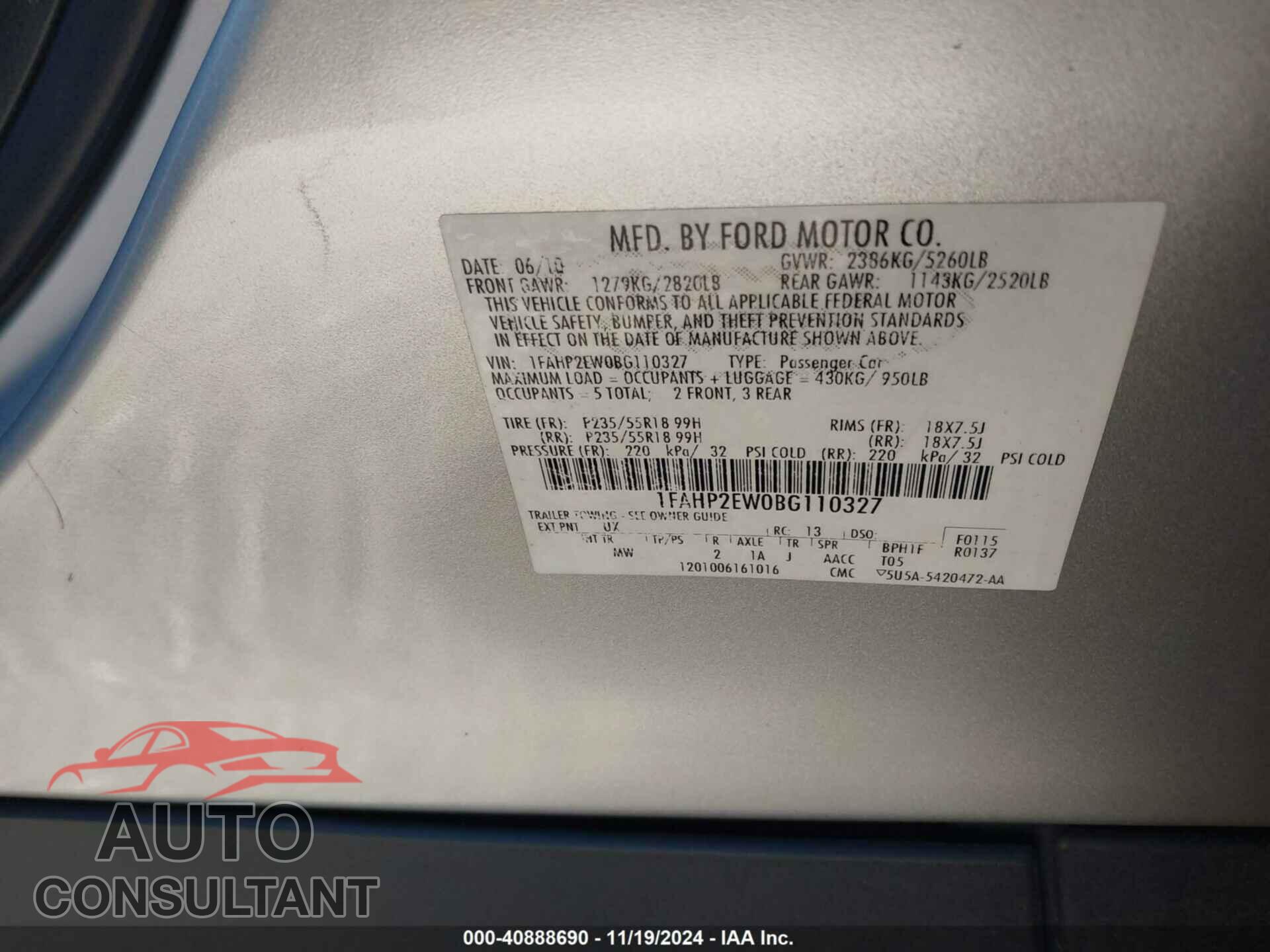 FORD TAURUS 2011 - 1FAHP2EW0BG110327