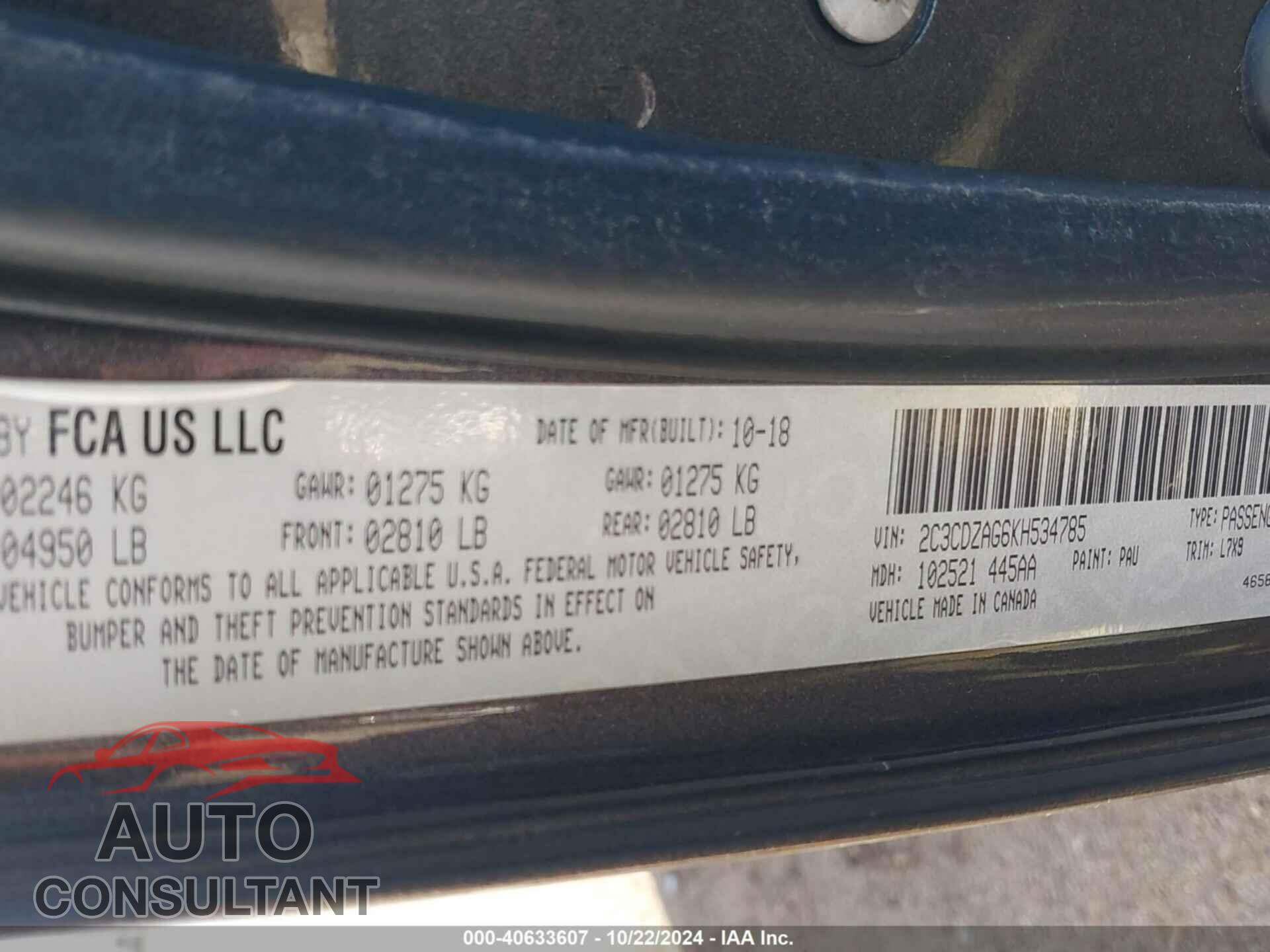 DODGE CHALLENGER 2019 - 2C3CDZAG6KH534785