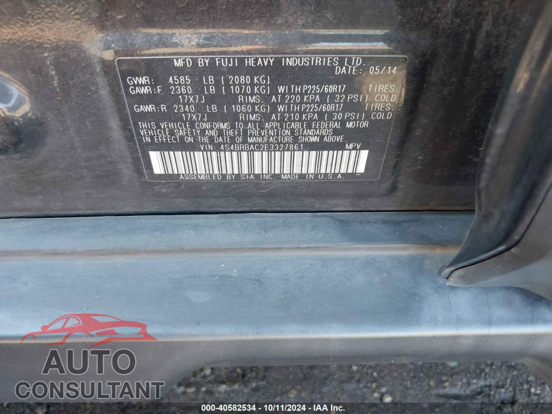 SUBARU OUTBACK 2014 - 4S4BRBAC2E3327861