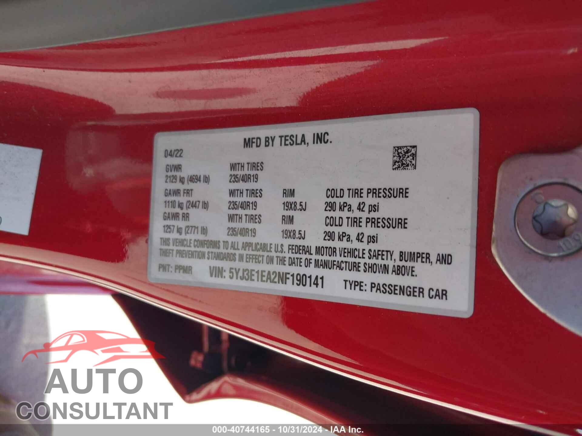 TESLA MODEL 3 2022 - 5YJ3E1EA2NF190141
