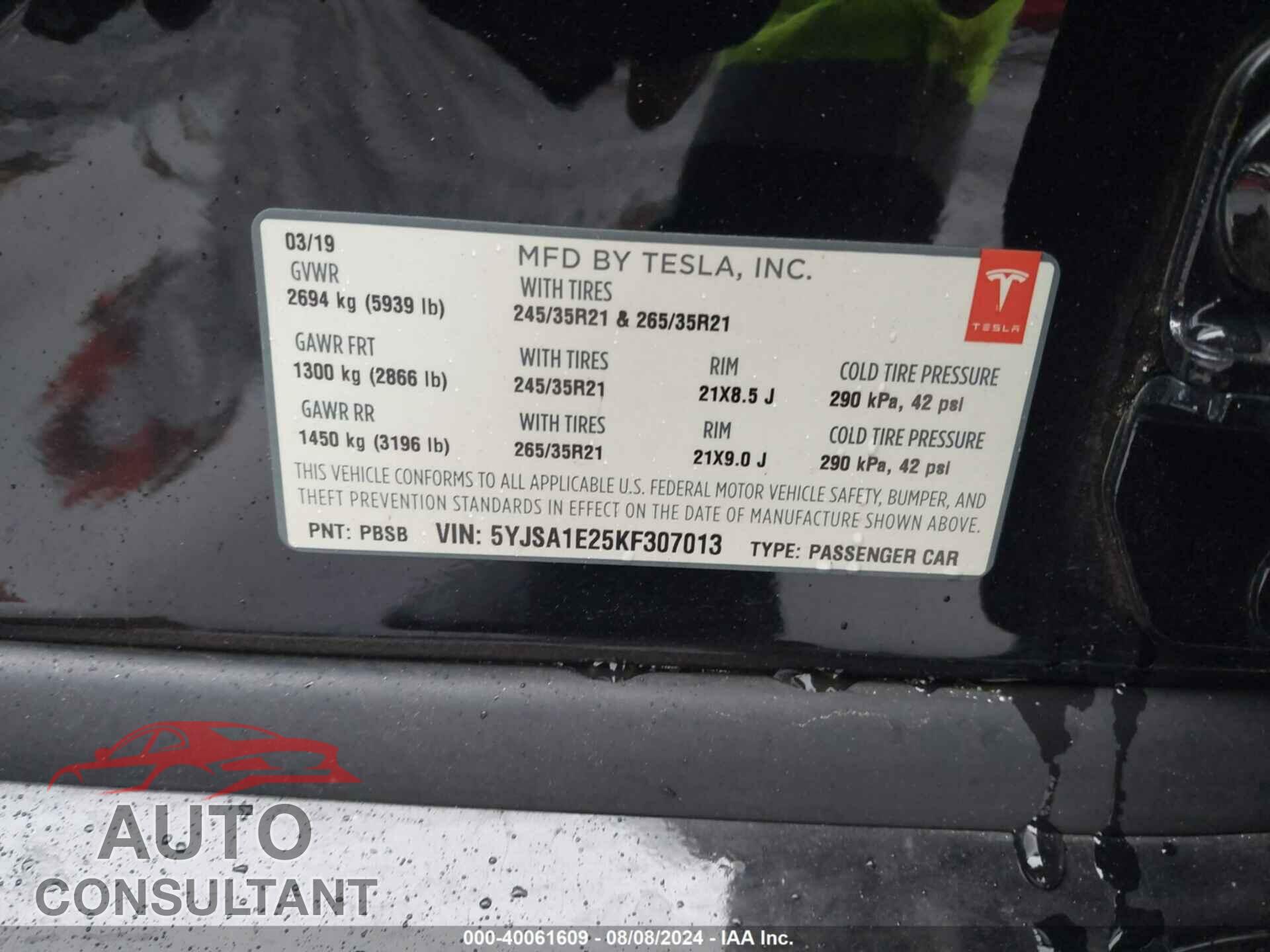 TESLA MODEL S 2019 - 5YJSA1E25KF307013