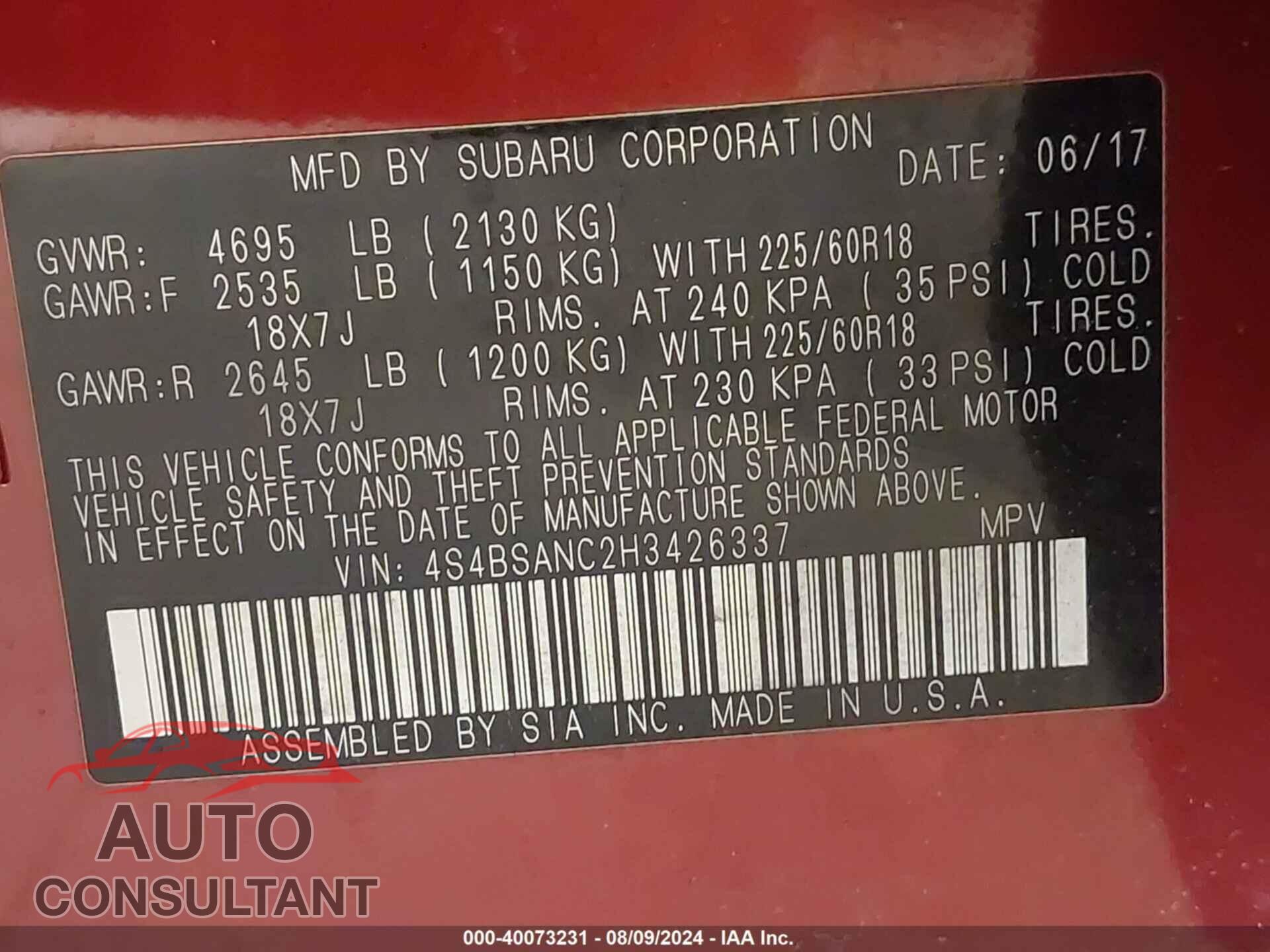 SUBARU OUTBACK 2017 - 4S4BSANC2H3426337