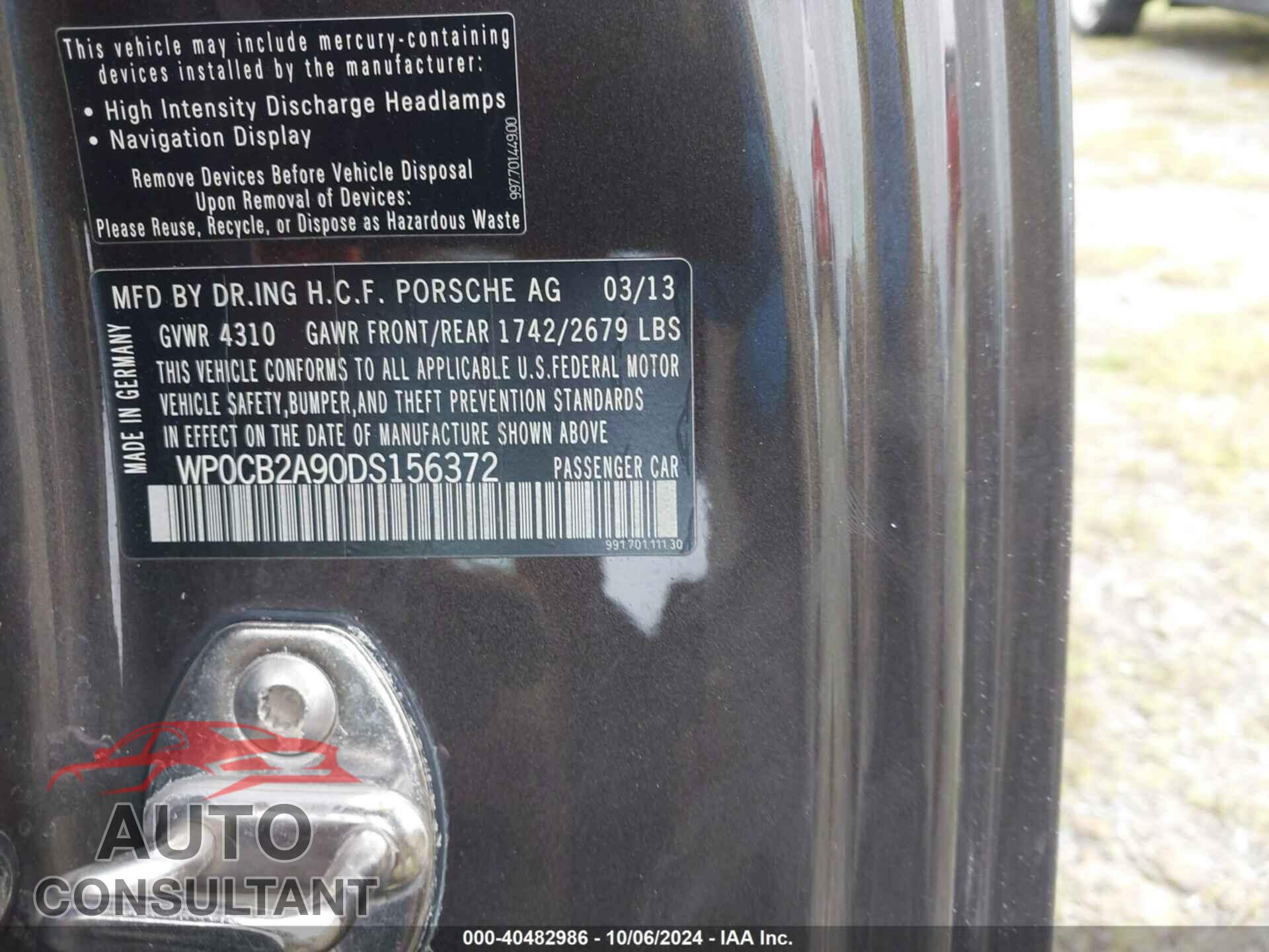 PORSCHE 911 2013 - WP0CB2A90DS156372