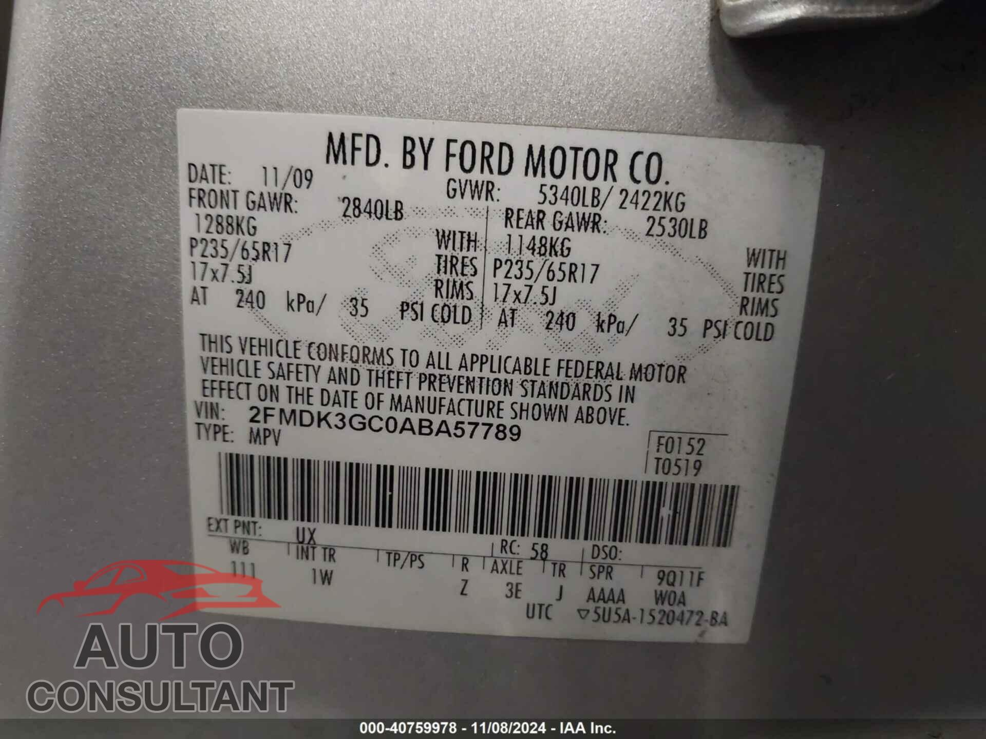 FORD EDGE 2010 - 2FMDK3GC0ABA57789