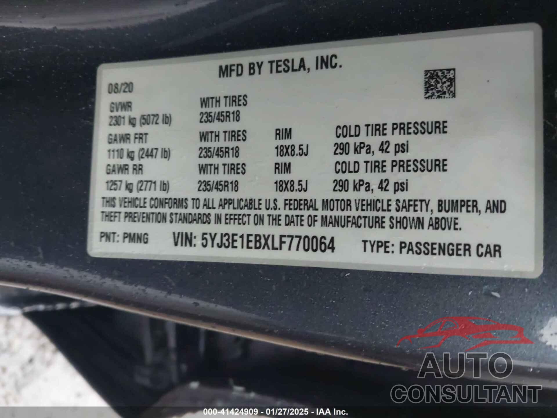 TESLA MODEL 3 2020 - 5YJ3E1EBXLF770064