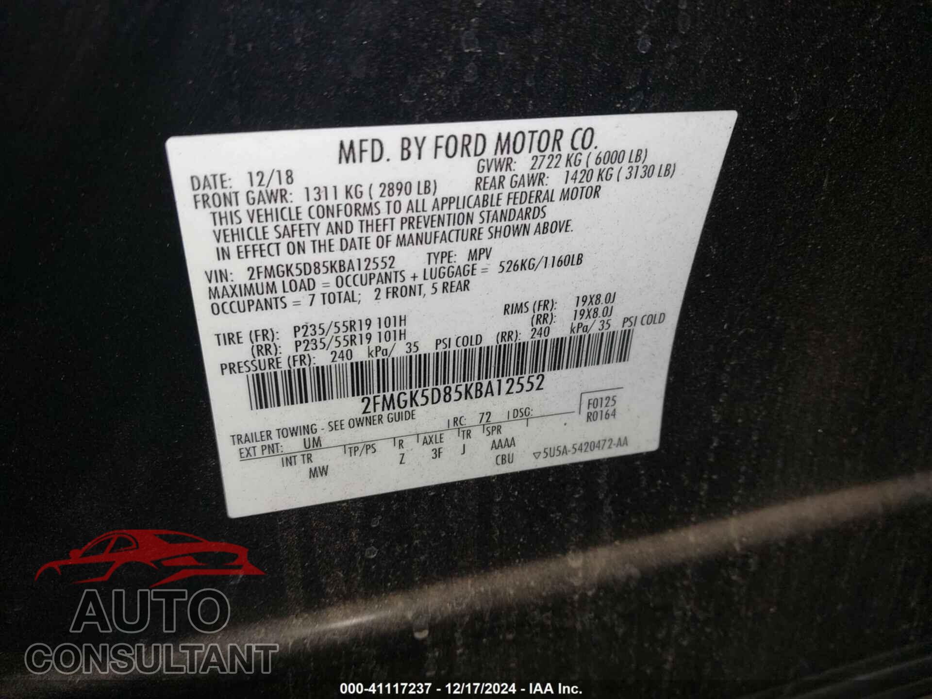 FORD FLEX 2019 - 2FMGK5D85KBA12552