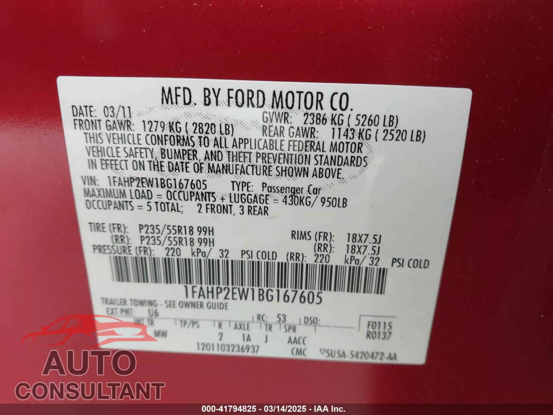FORD TAURUS 2011 - 1FAHP2EW1BG167605