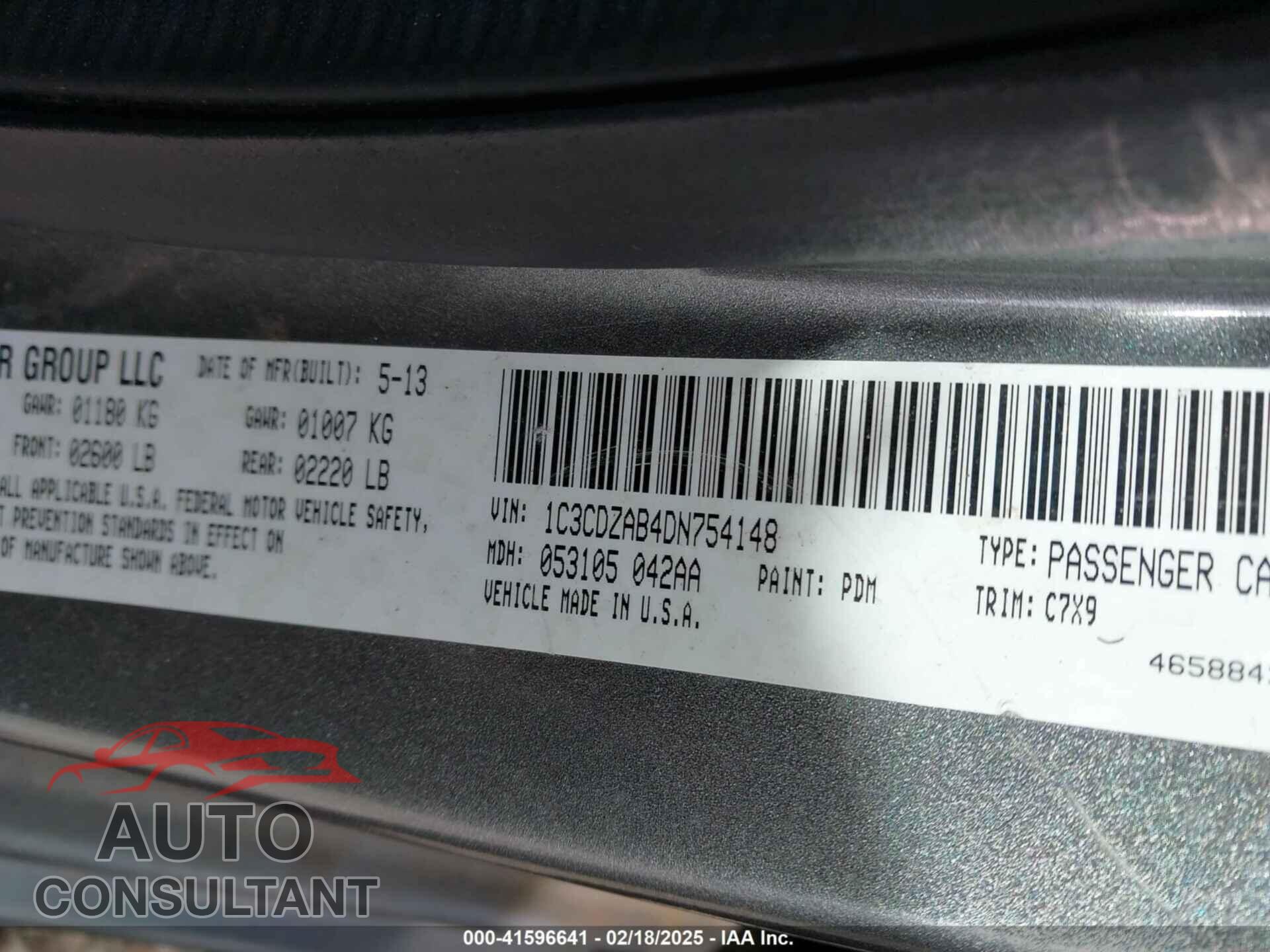 DODGE AVENGER 2013 - 1C3CDZAB4DN754148