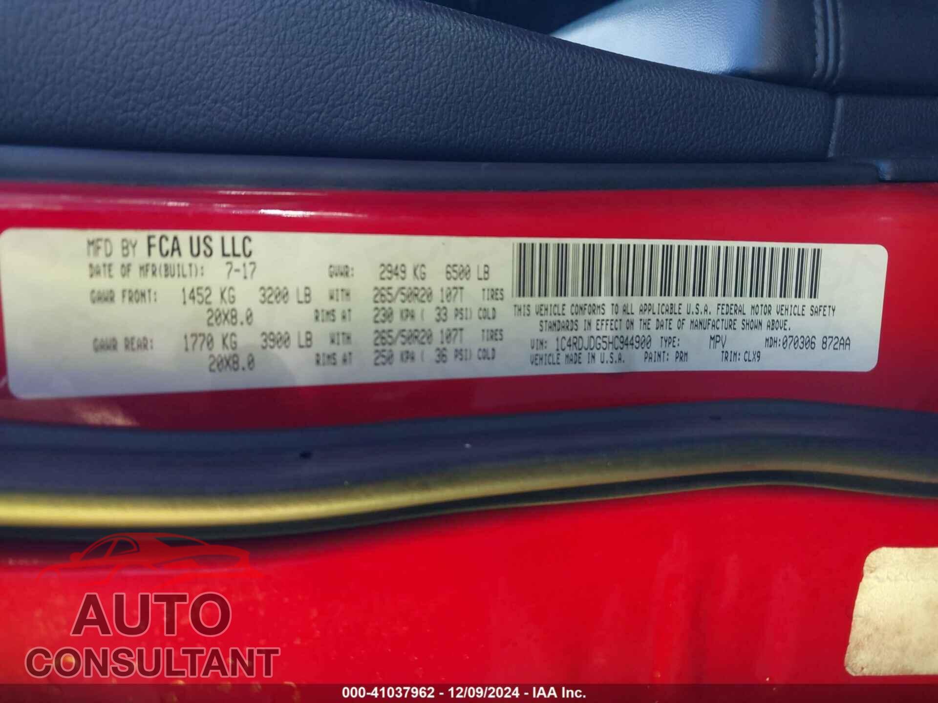DODGE DURANGO 2017 - 1C4RDJDG5HC944900