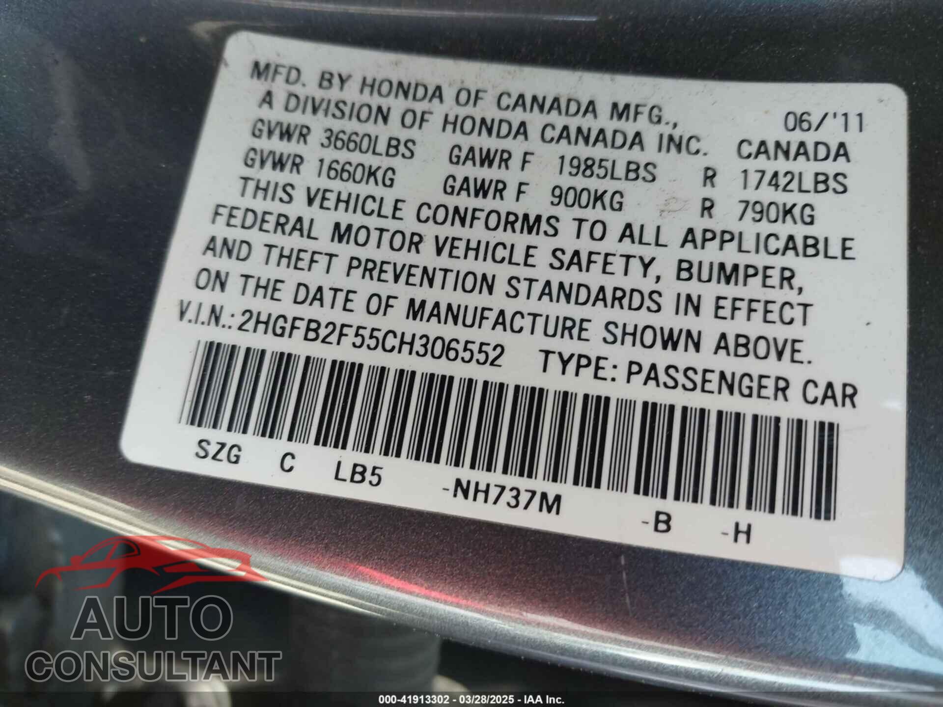 HONDA CIVIC 2012 - 2HGFB2F55CH306552