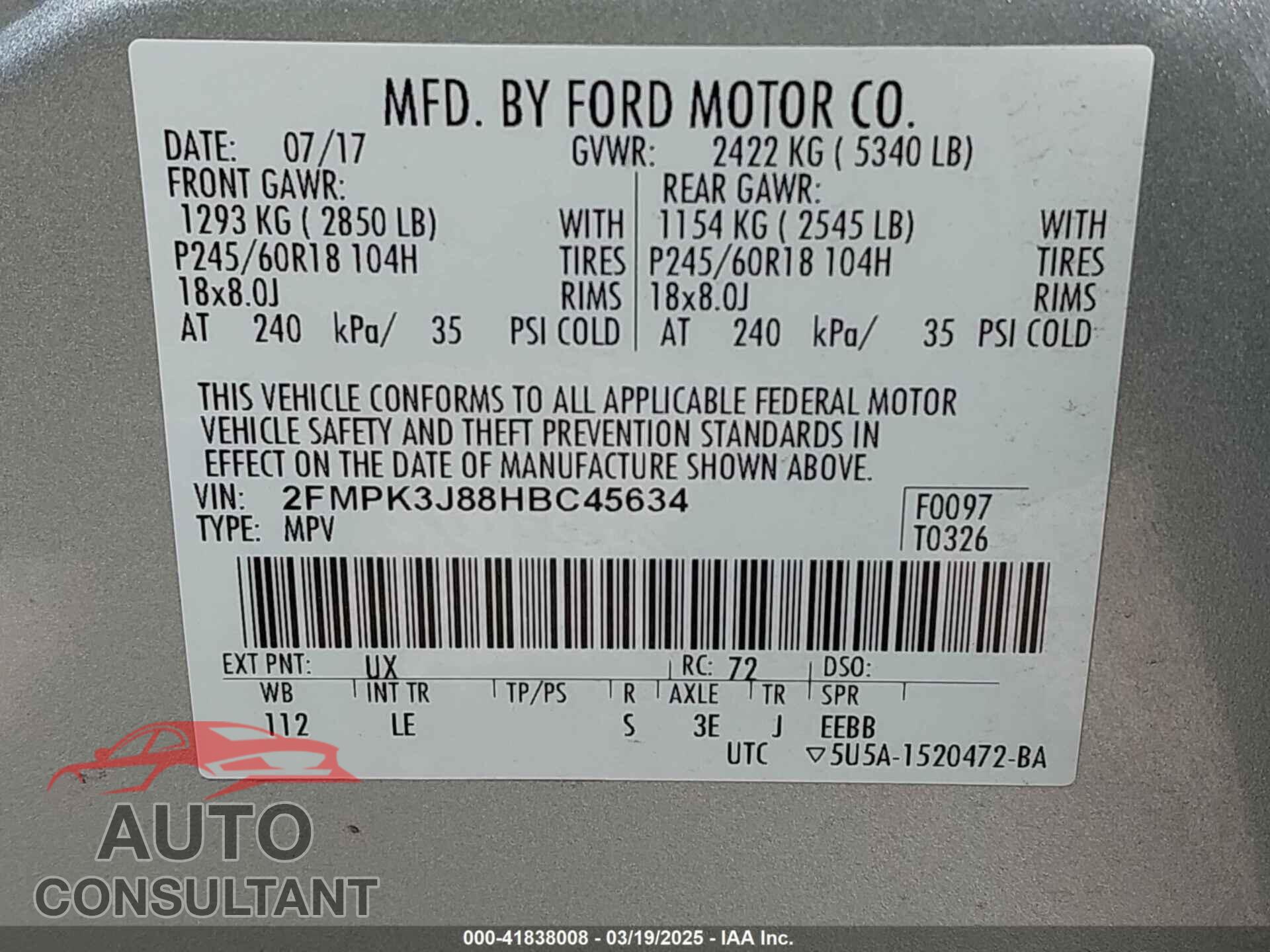 FORD EDGE 2017 - 2FMPK3J88HBC45634
