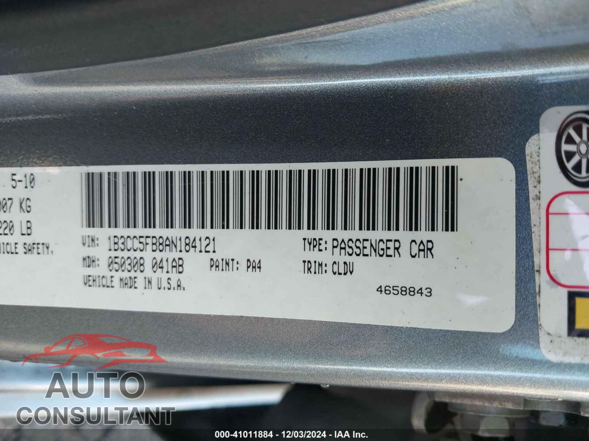 DODGE AVENGER 2010 - 1B3CC5FB8AN184121