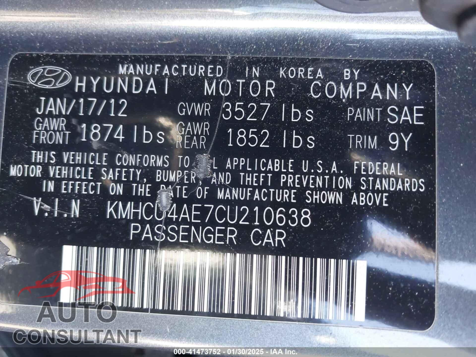 HYUNDAI ACCENT 2012 - KMHCU4AE7CU210638