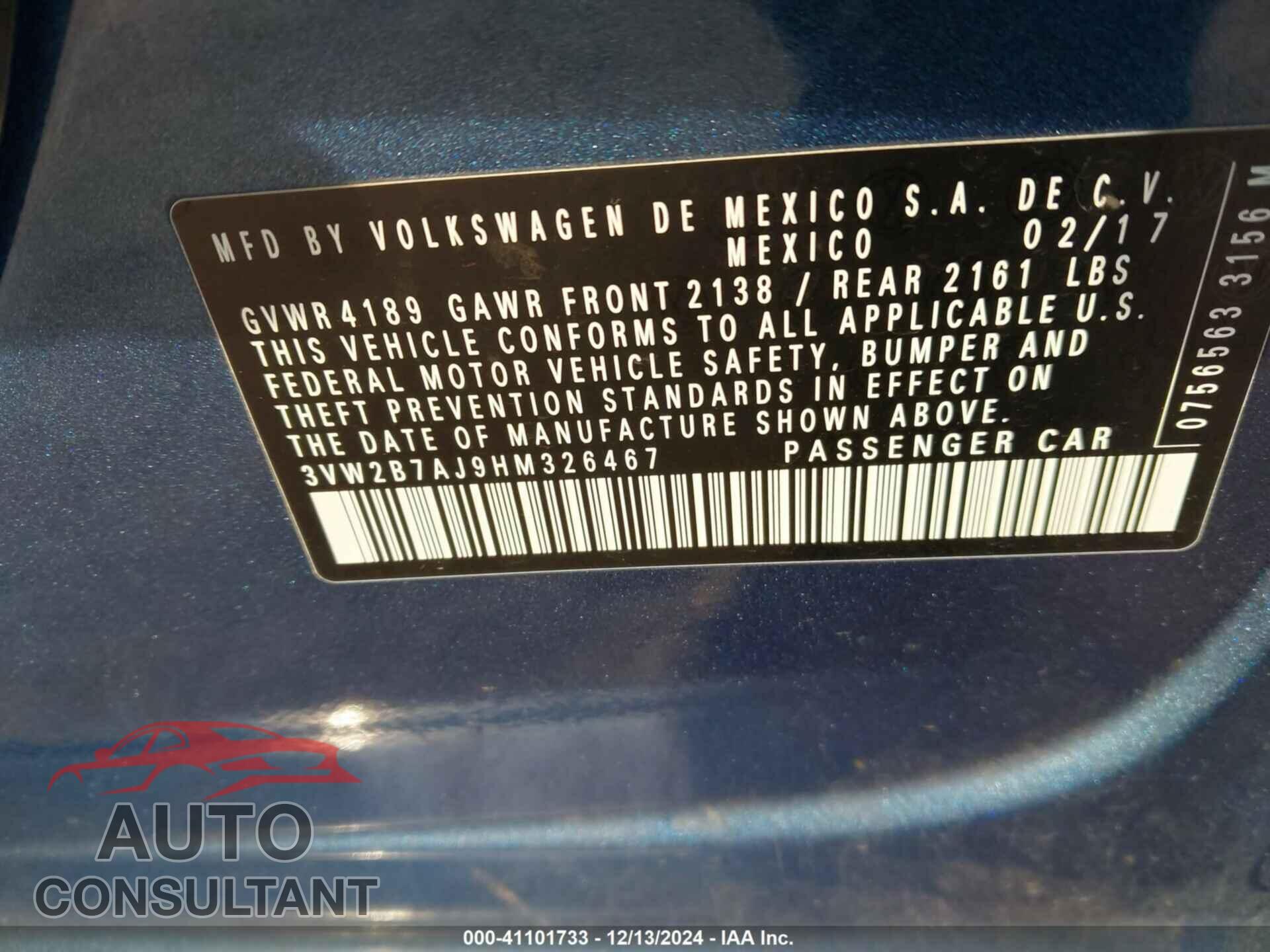 VOLKSWAGEN JETTA 2017 - 3VW2B7AJ9HM326467