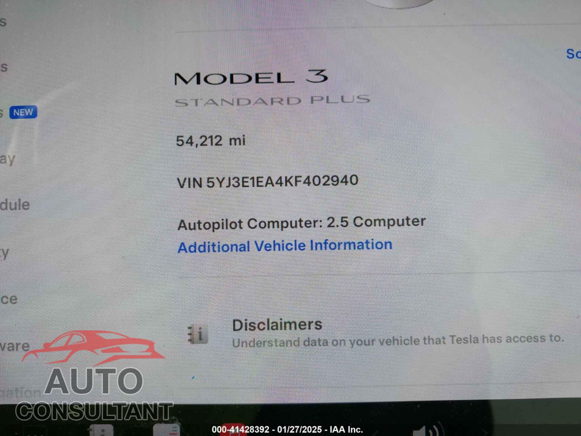 TESLA MODEL 3 2019 - 5YJ3E1EA4KF402940