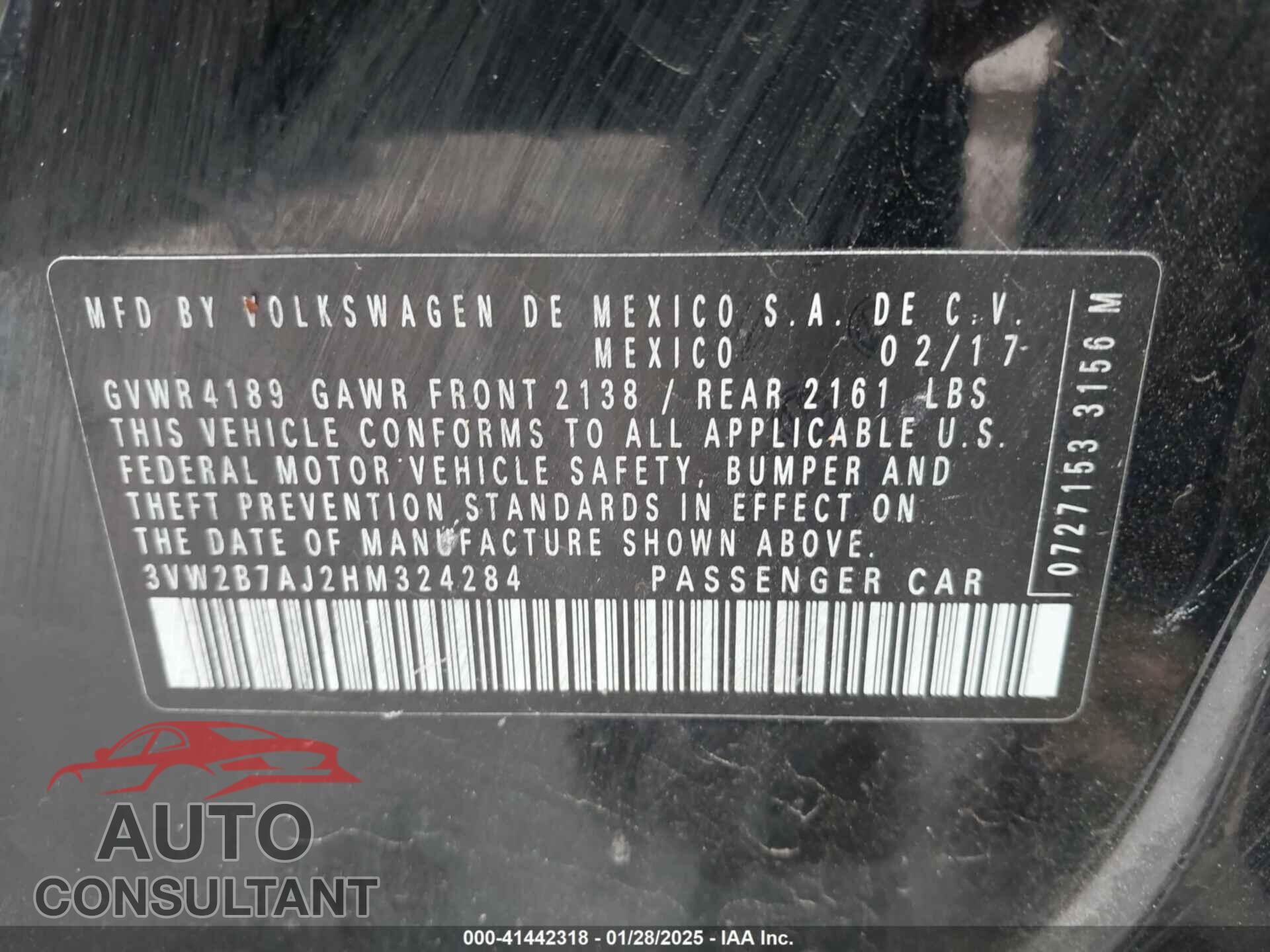 VOLKSWAGEN JETTA 2017 - 3VW2B7AJ2HM324284