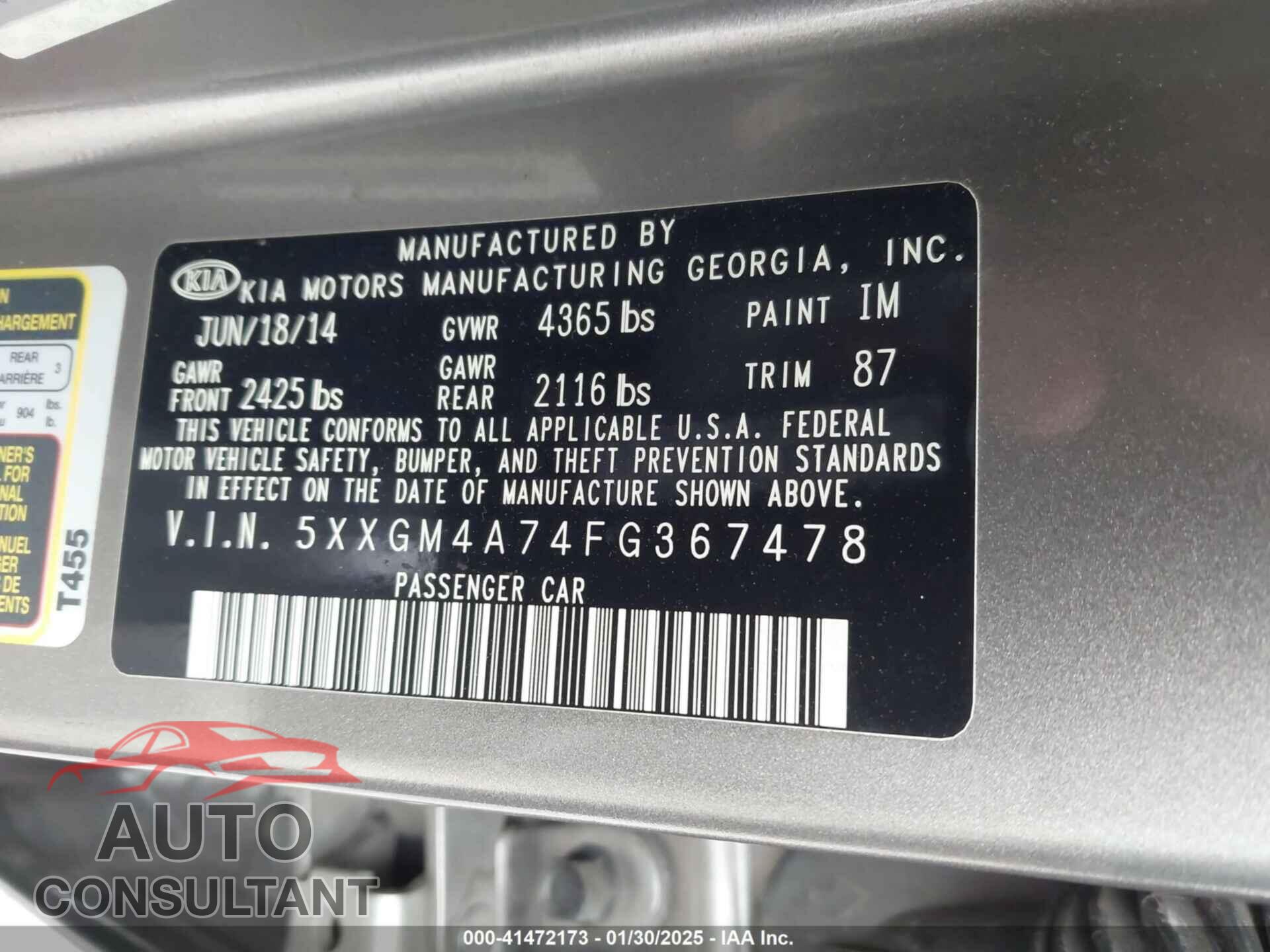 KIA OPTIMA 2015 - 5XXGM4A74FG367478