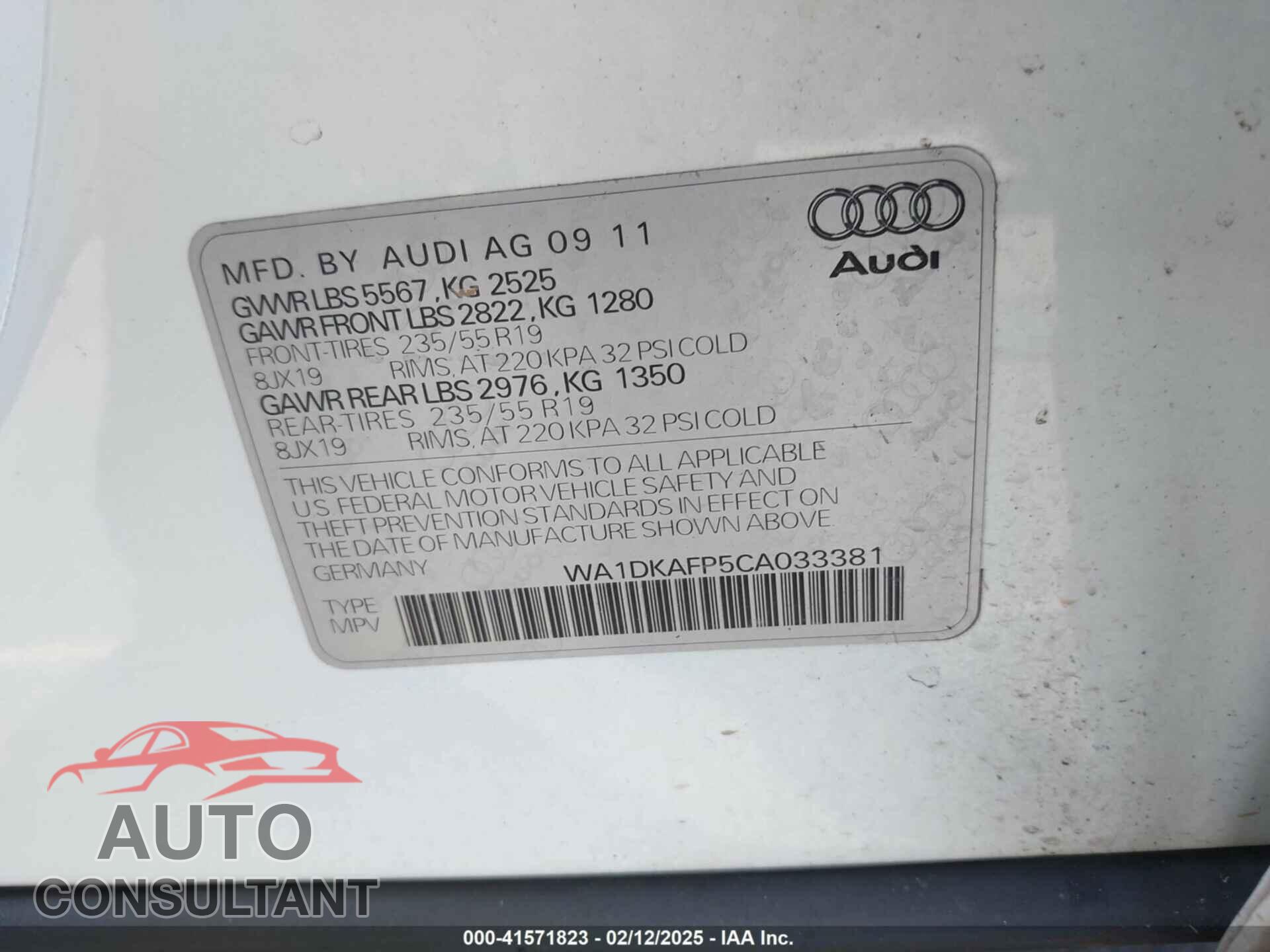 AUDI Q5 2012 - WA1DKAFP5CA033381