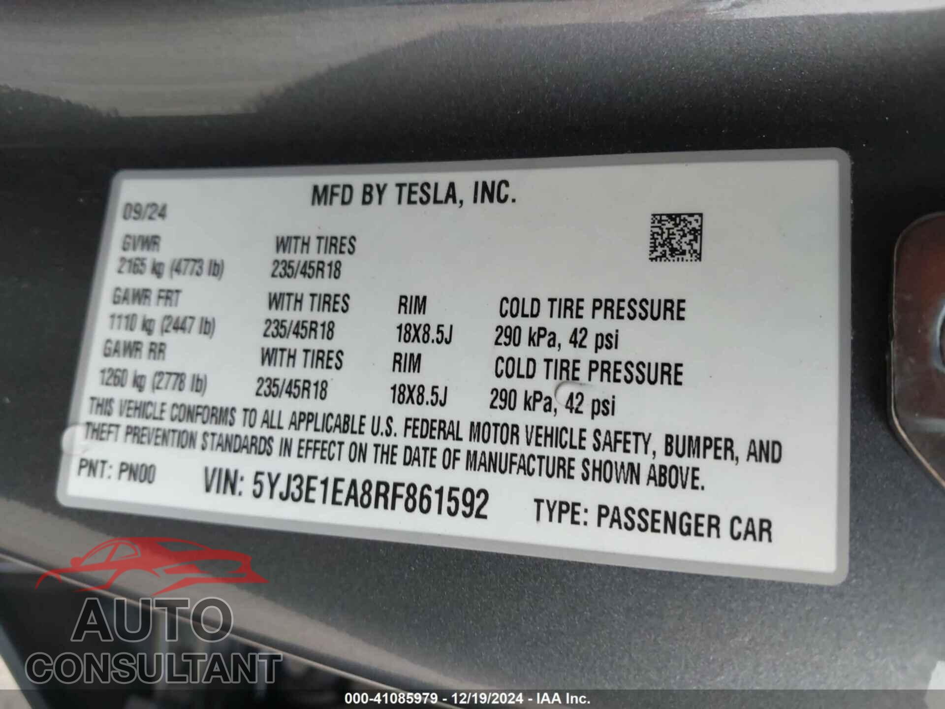 TESLA MODEL 3 2024 - 5YJ3E1EA8RF861592
