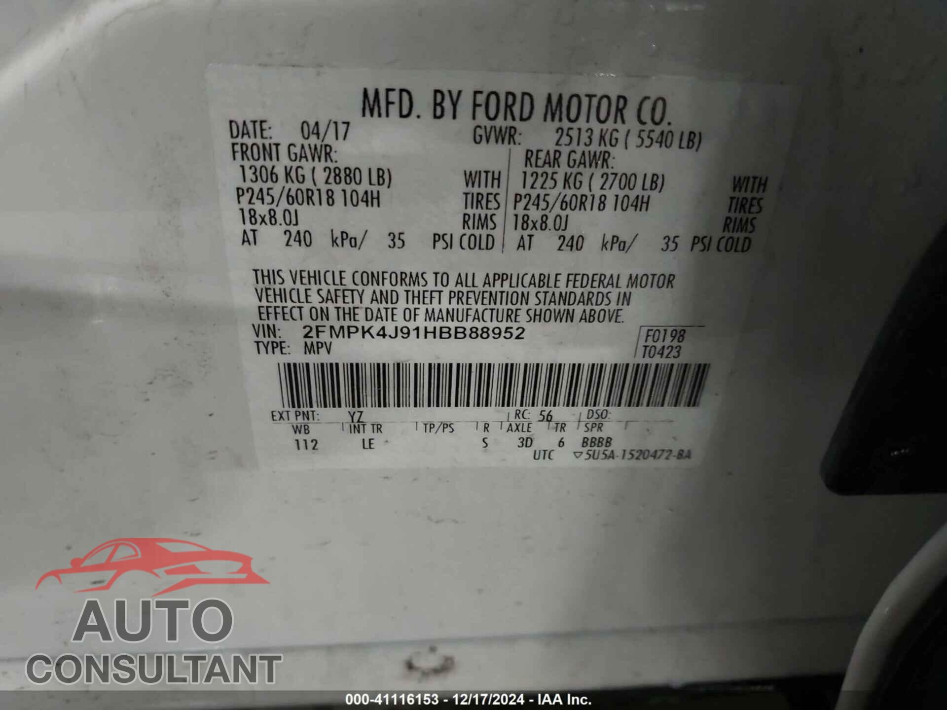 FORD EDGE 2017 - 2FMPK4J91HBB88952