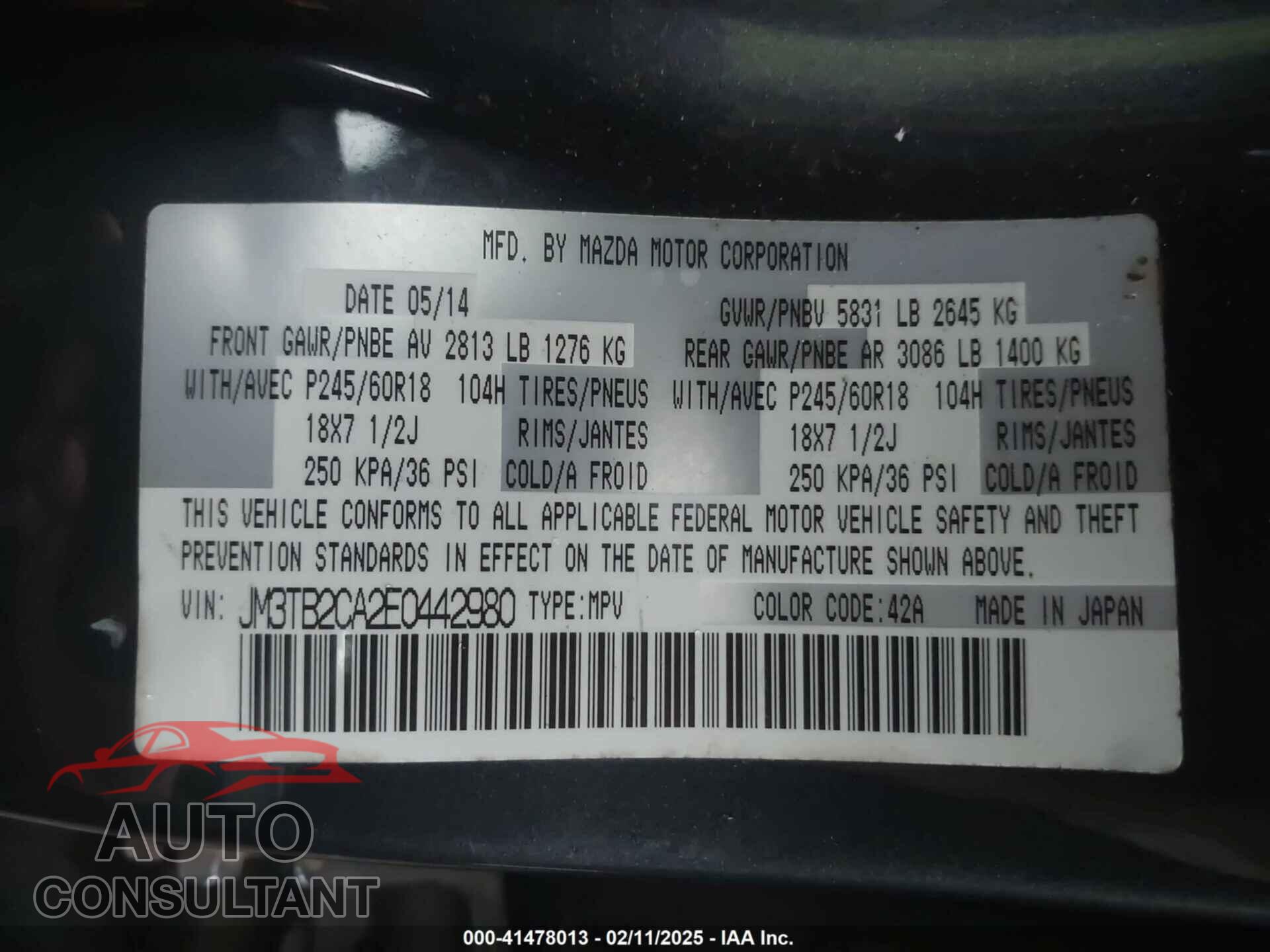 MAZDA CX-9 2014 - JM3TB2CA2E0442980