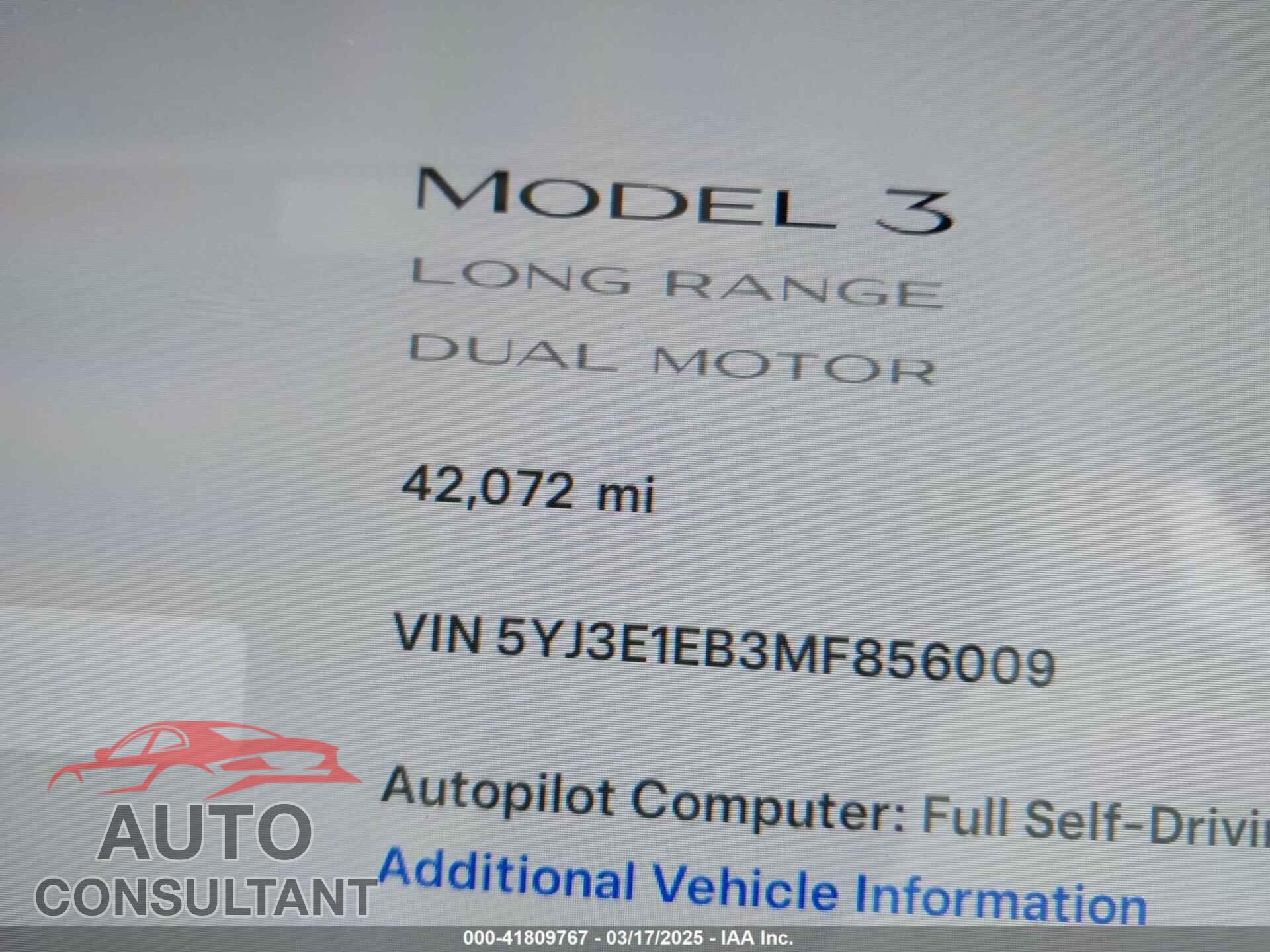 TESLA MODEL 3 2021 - 5YJ3E1EB3MF856009