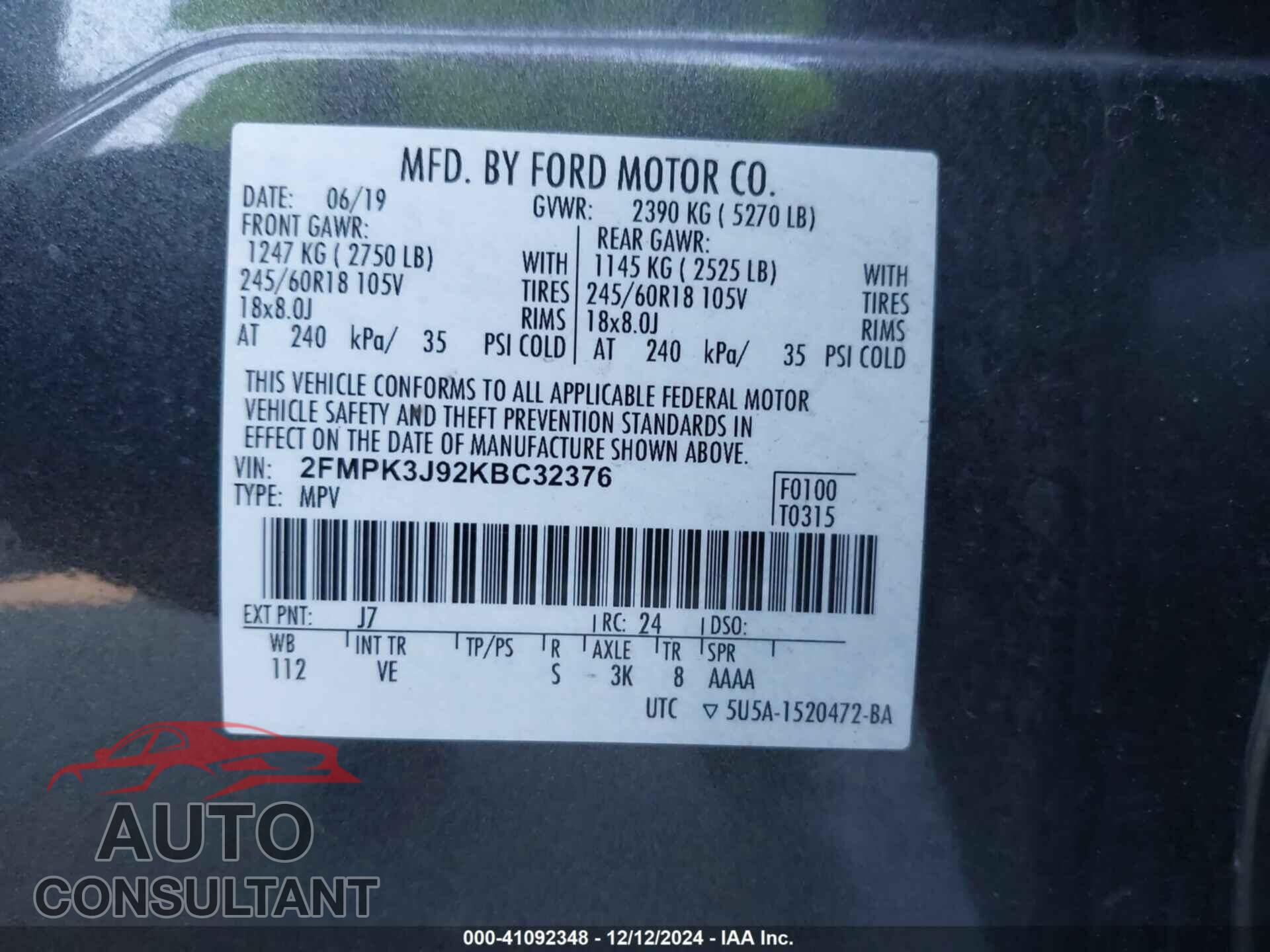 FORD EDGE 2019 - 2FMPK3J92KBC32376