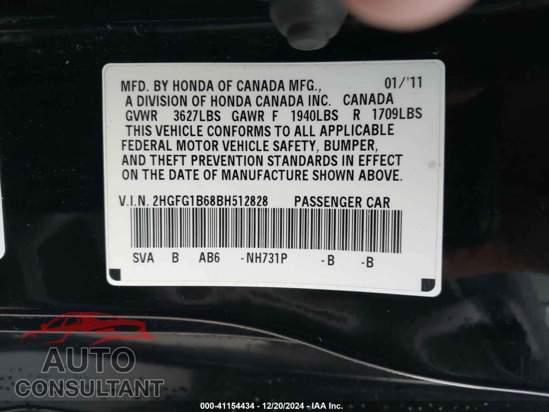 HONDA CIVIC 2011 - 2HGFG1B68BH512828