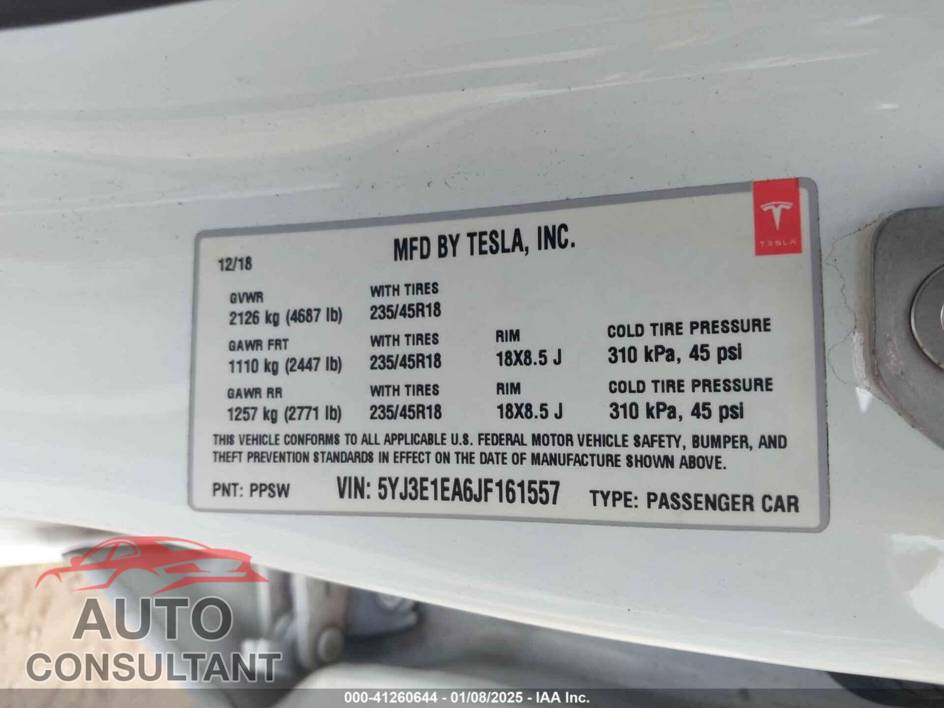 TESLA MODEL 3 2018 - 5YJ3E1EA6JF161557